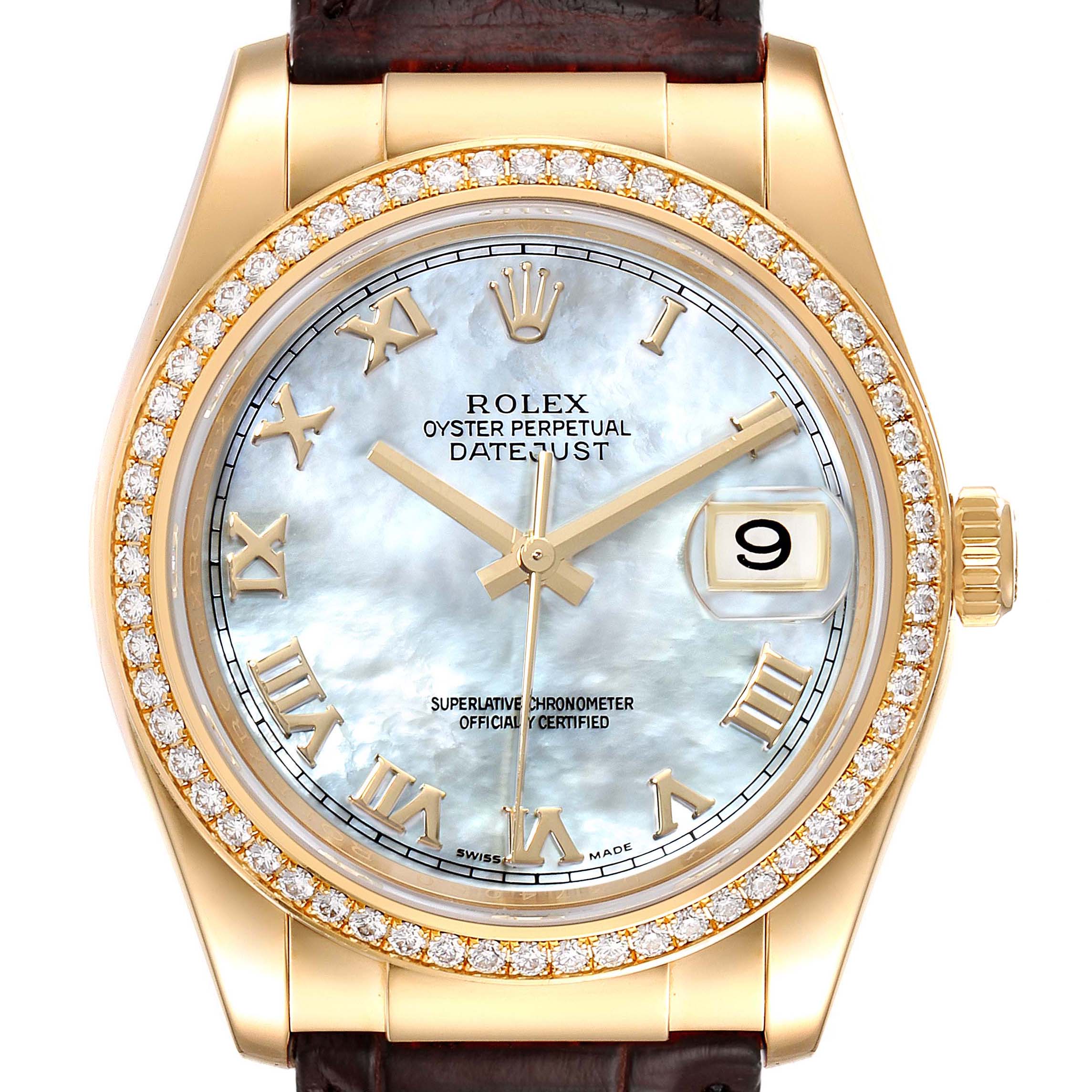 This image shows a front view of a Rolex Datejust 116188 Men's Yellow Gold Mother of Pearl Dial 116188 Men's Yellow Gold Mother of Pearl Dial watch, featuring a diamond-set bezel, mother-of-pearl dial, and leather strap.
