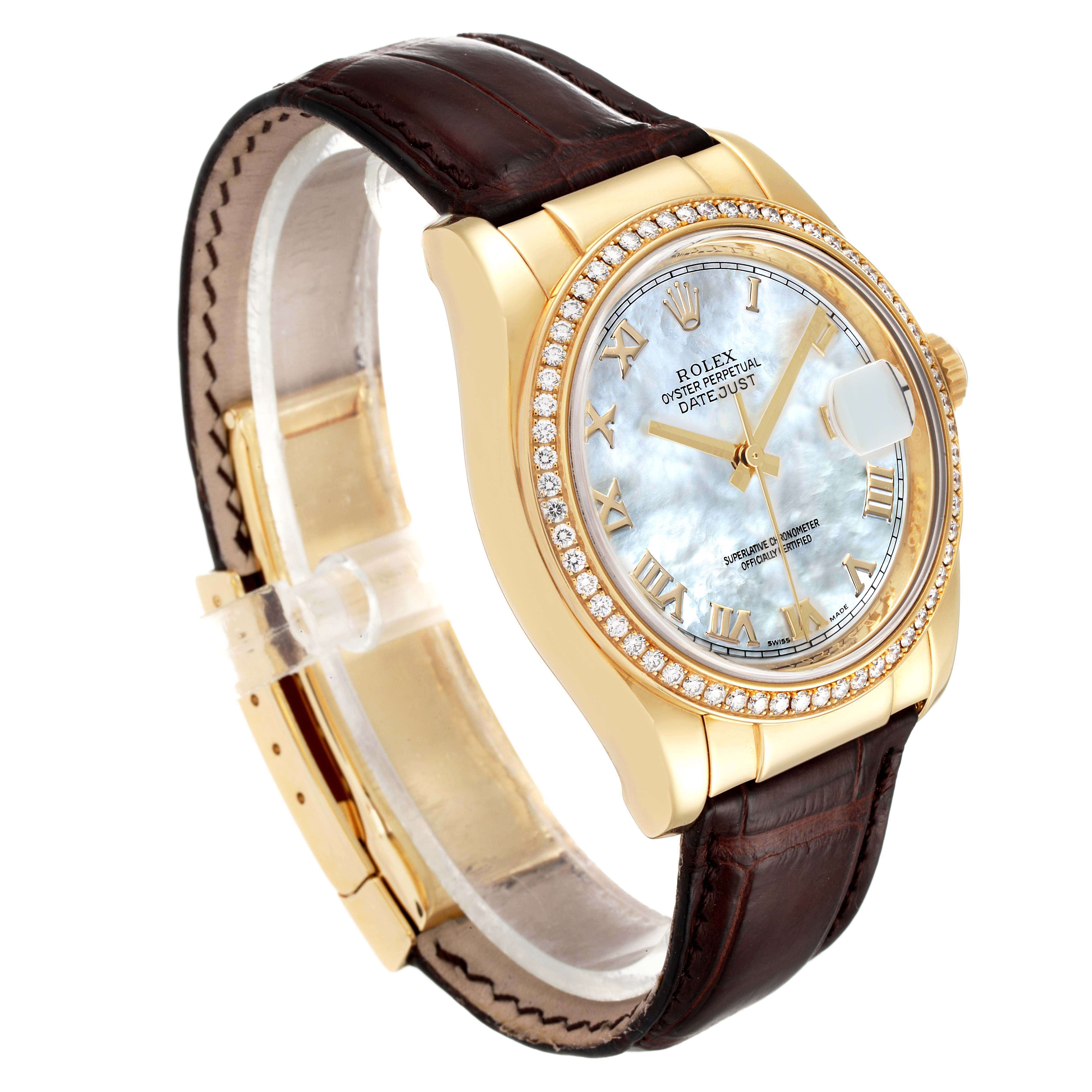 The Rolex Datejust 116188 Men's Yellow Gold Mother of Pearl Dial 116188 Men's Yellow Gold Mother of Pearl Dial watch is shown at a three-quarter angle, highlighting its face, bezel, and leather strap.