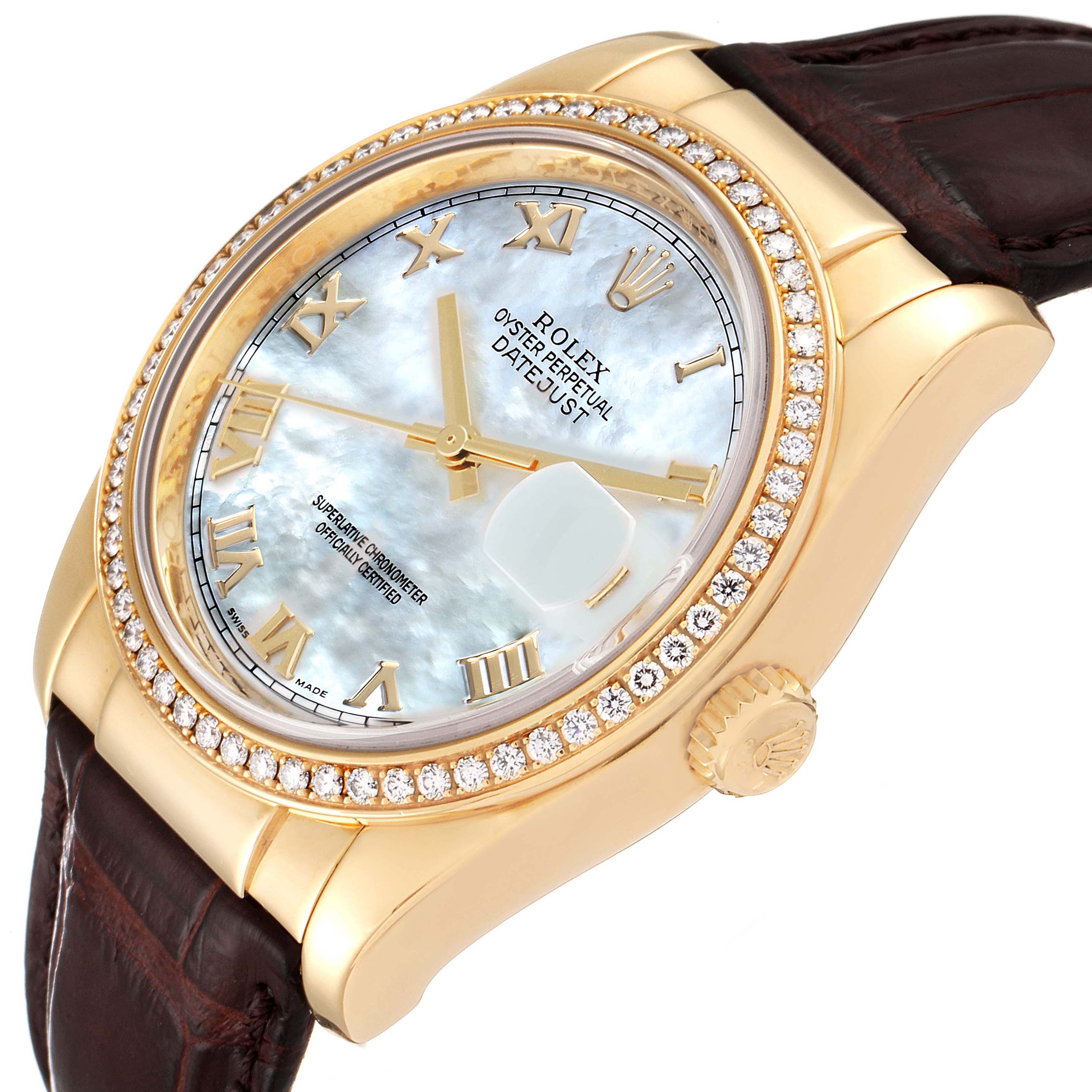 This Rolex Datejust 116188 Men's Yellow Gold Mother of Pearl Dial 116188 Men's Yellow Gold Mother of Pearl Dial watch is shown in a close-up side angle, highlighting the dial, crown, bezel, and leather strap.