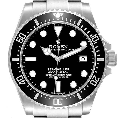 The Rolex Sea-Dweller 116600 Men's Stainless Steel Black Dial watch is shown from the front, highlighting its bezel, dial, hands, and date window.