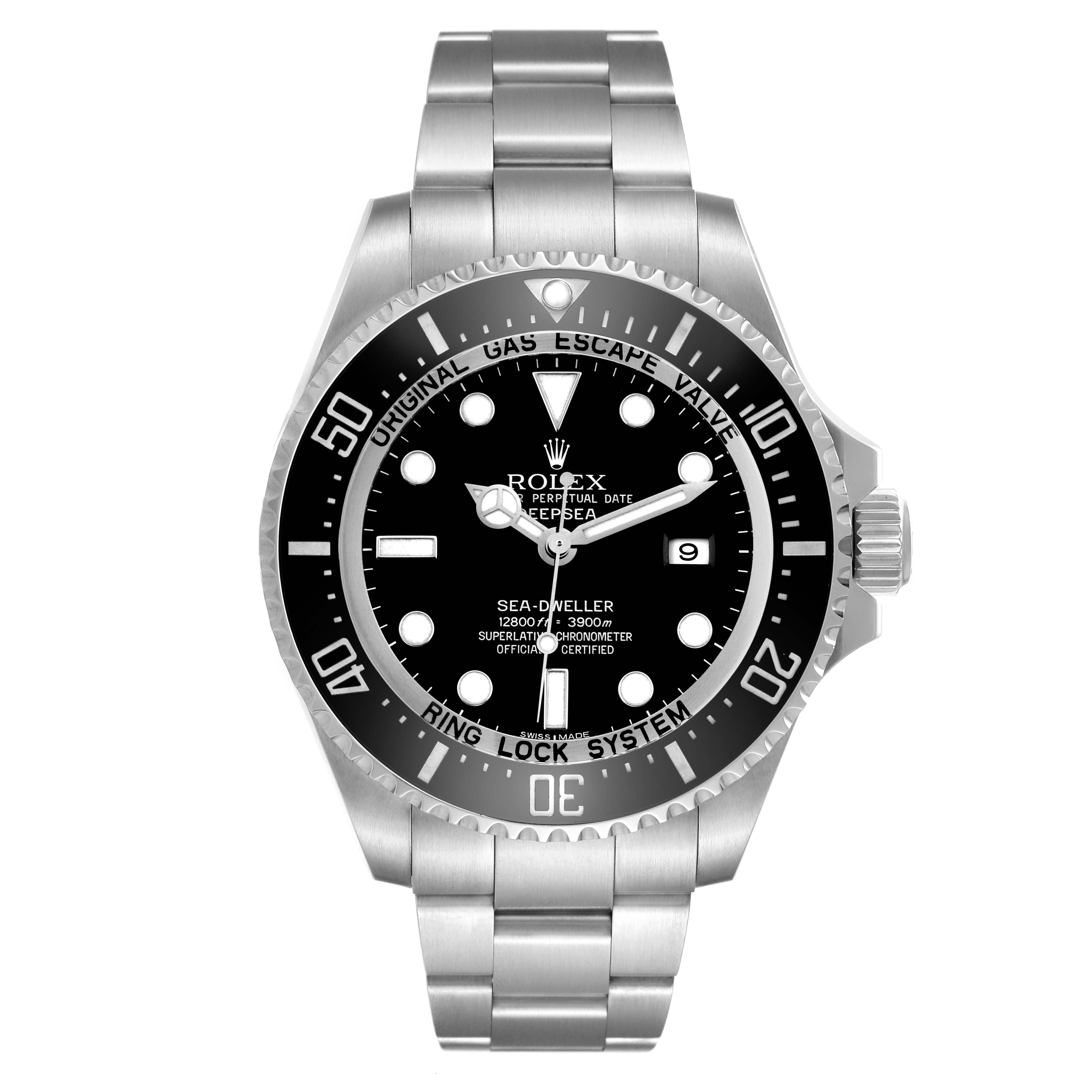 The Rolex Sea-Dweller 116660 Men
s Stainless Steel Black Dial watch is shown from a front angle, displaying its dial, bezel, and bracelet.