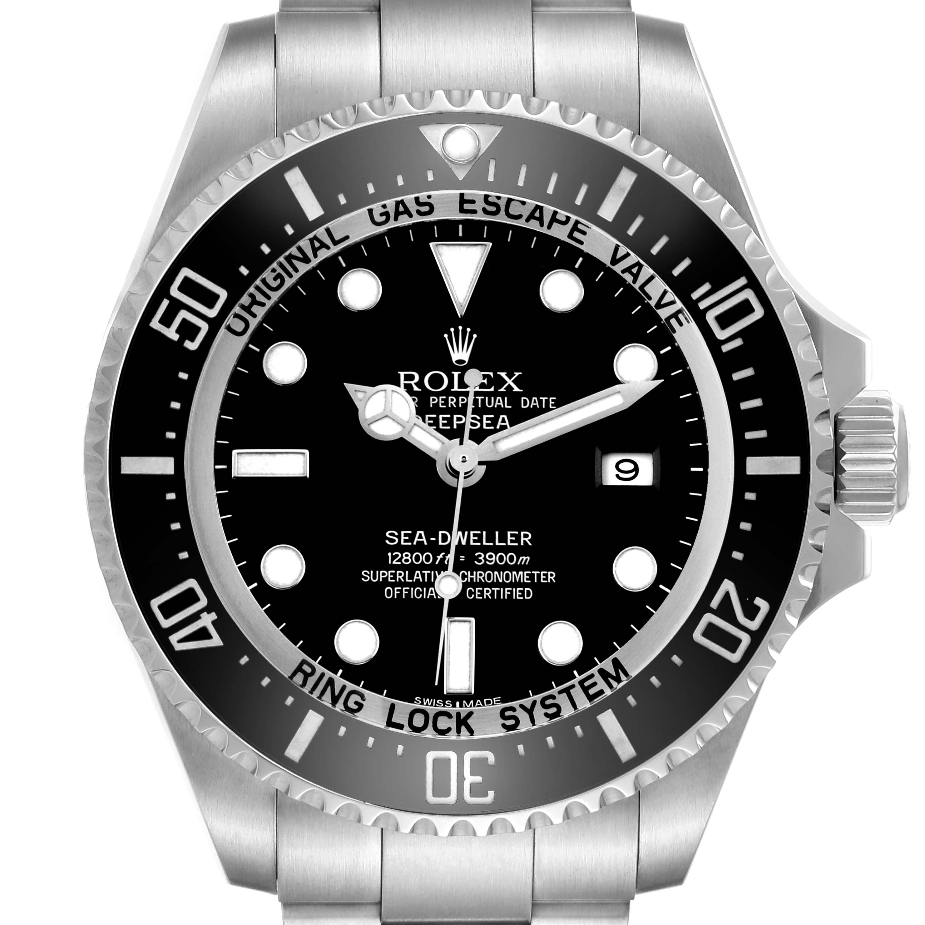 The image shows a frontal view of the Rolex Sea-Dweller 116660 Men
s Stainless Steel Black Dial watch, highlighting the face, bezel, and part of the bracelet.
