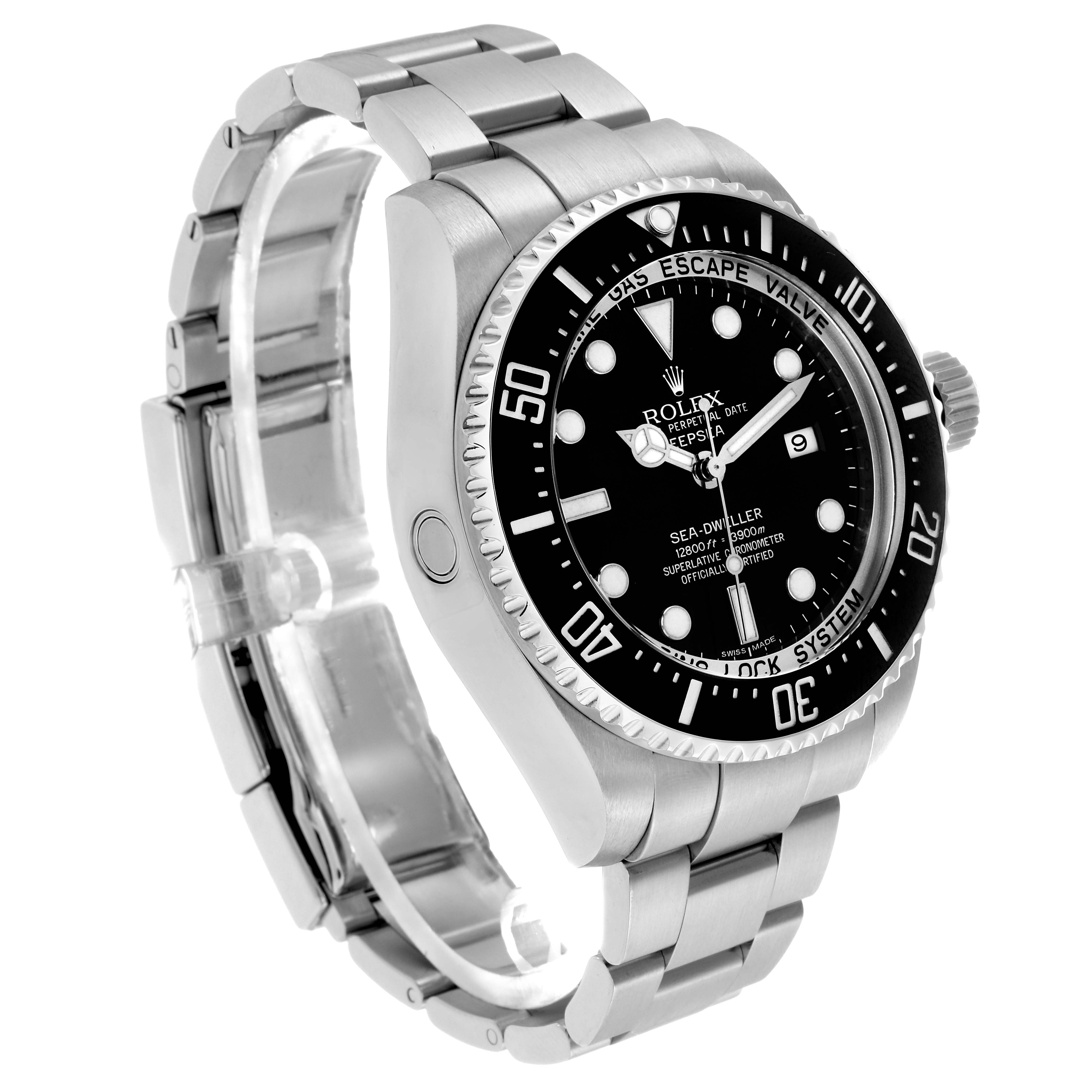 The Rolex Sea-Dweller 116660 Men
s Stainless Steel Black Dial watch is shown at a three-quarter angle, displaying the face, bezel, crown, and bracelet.