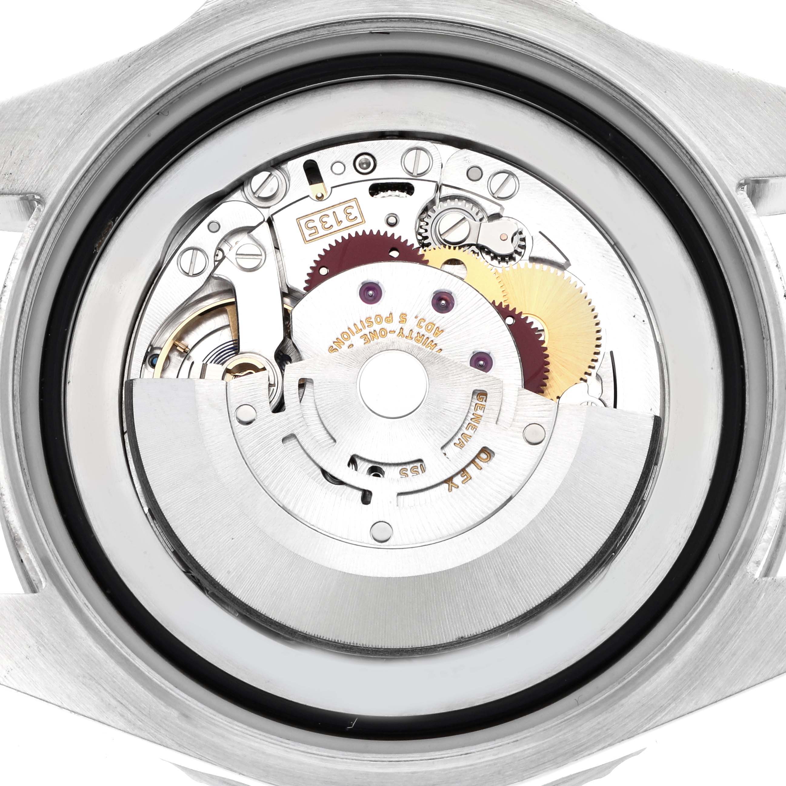 The image shows the back view of the Rolex Sea-Dweller 116660 Men
s Stainless Steel Black Dial, highlighting its intricate movement mechanism.