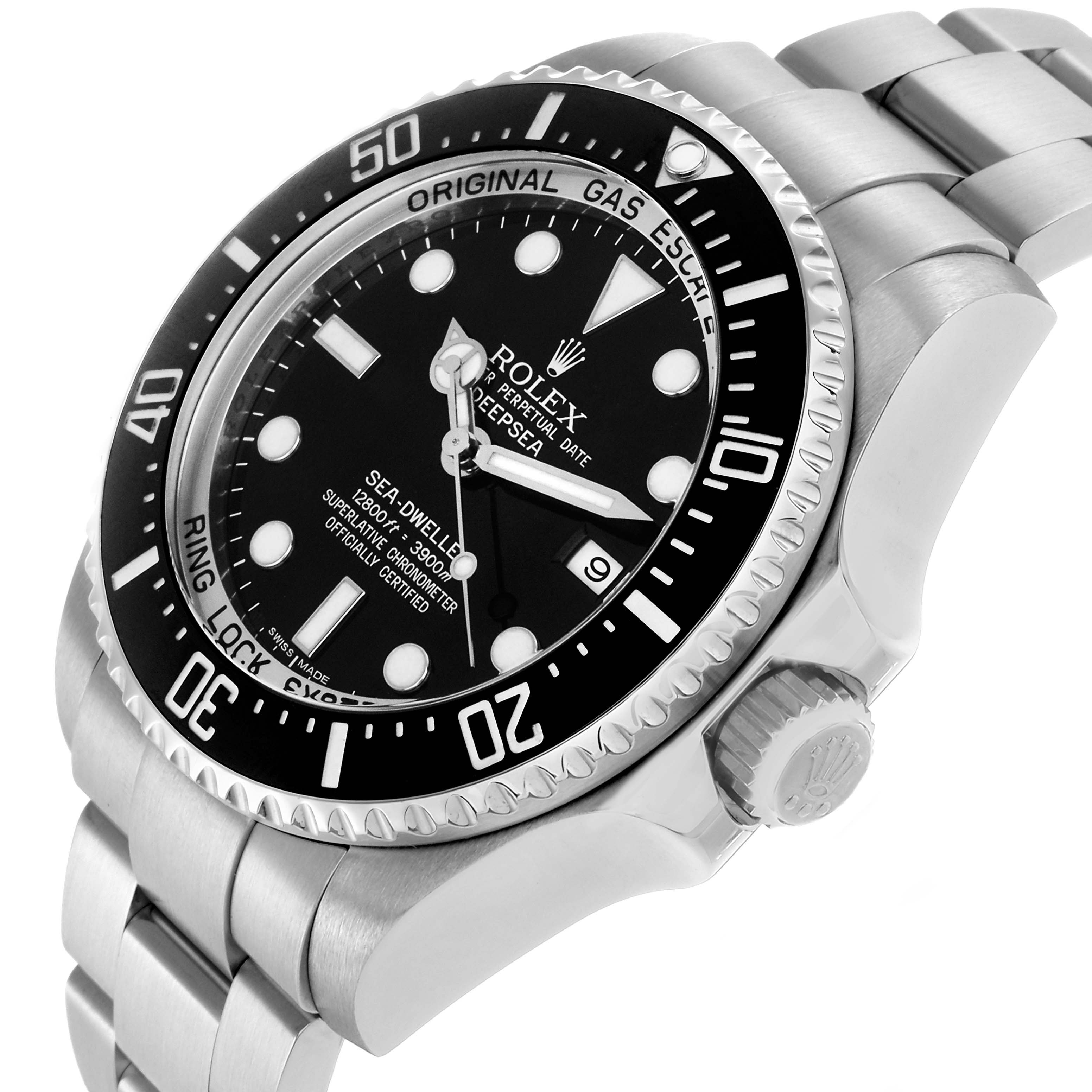 The Rolex Sea-Dweller 116660 Men
s Stainless Steel Black Dial is shown at an angled view, highlighting the watch face, bezel, crown, and bracelet.