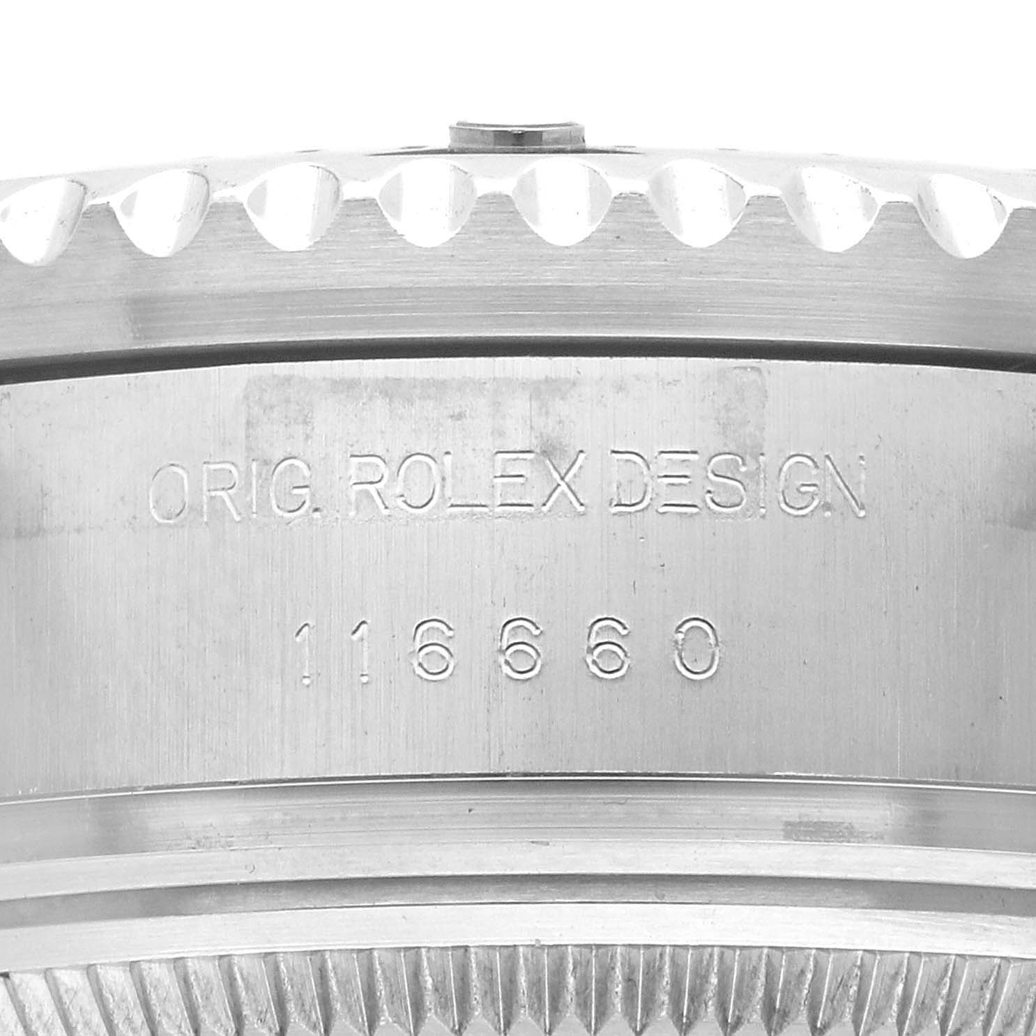 The image shows a close-up of the side of a Rolex Sea-Dweller 116660 Men
s Stainless Steel Black Dial, highlighting the engraved model number and bezel edge.