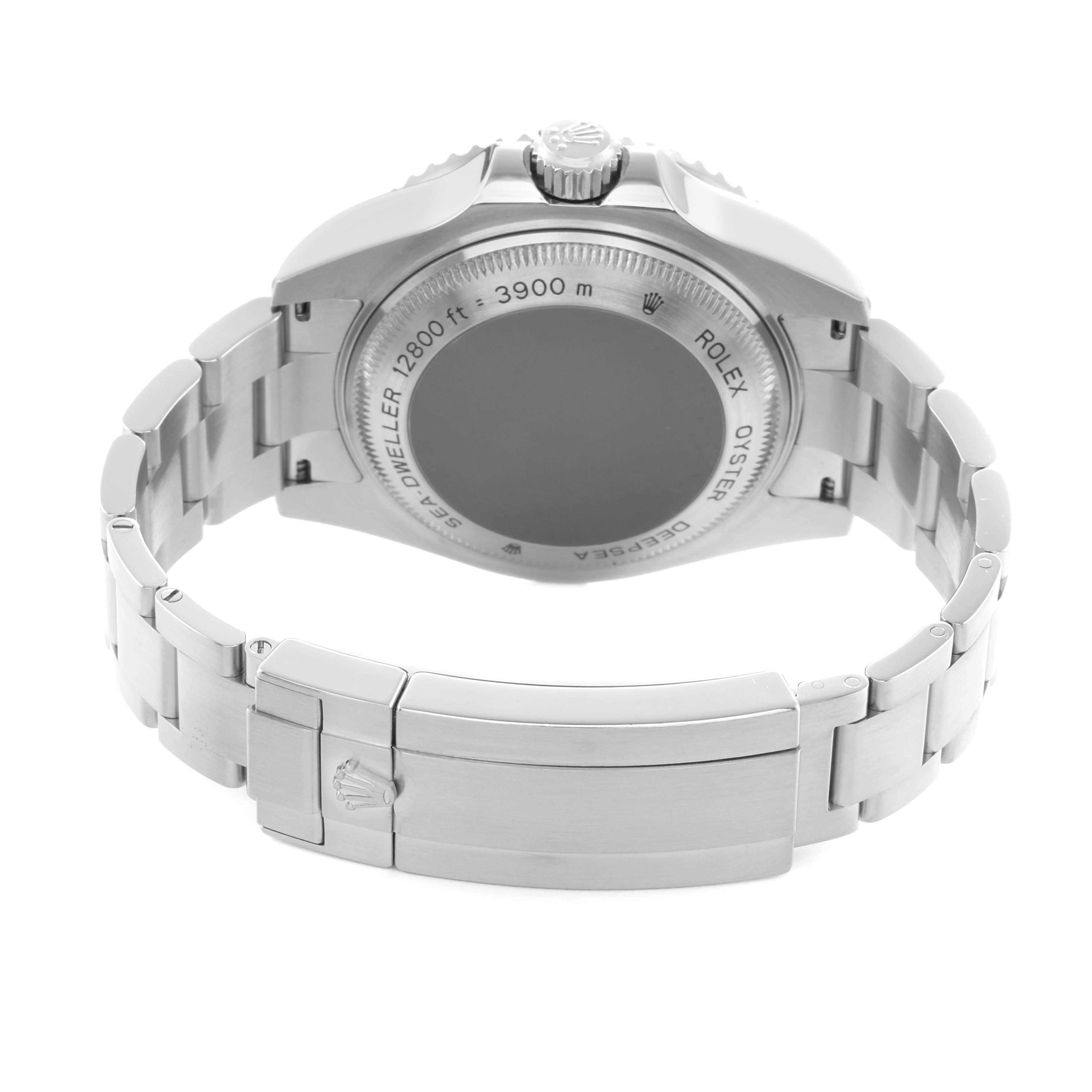 The Rolex Sea-Dweller 116660 Men
s Stainless Steel Black Dial watch is shown from the back, displaying the case back, bracelet, and clasp.