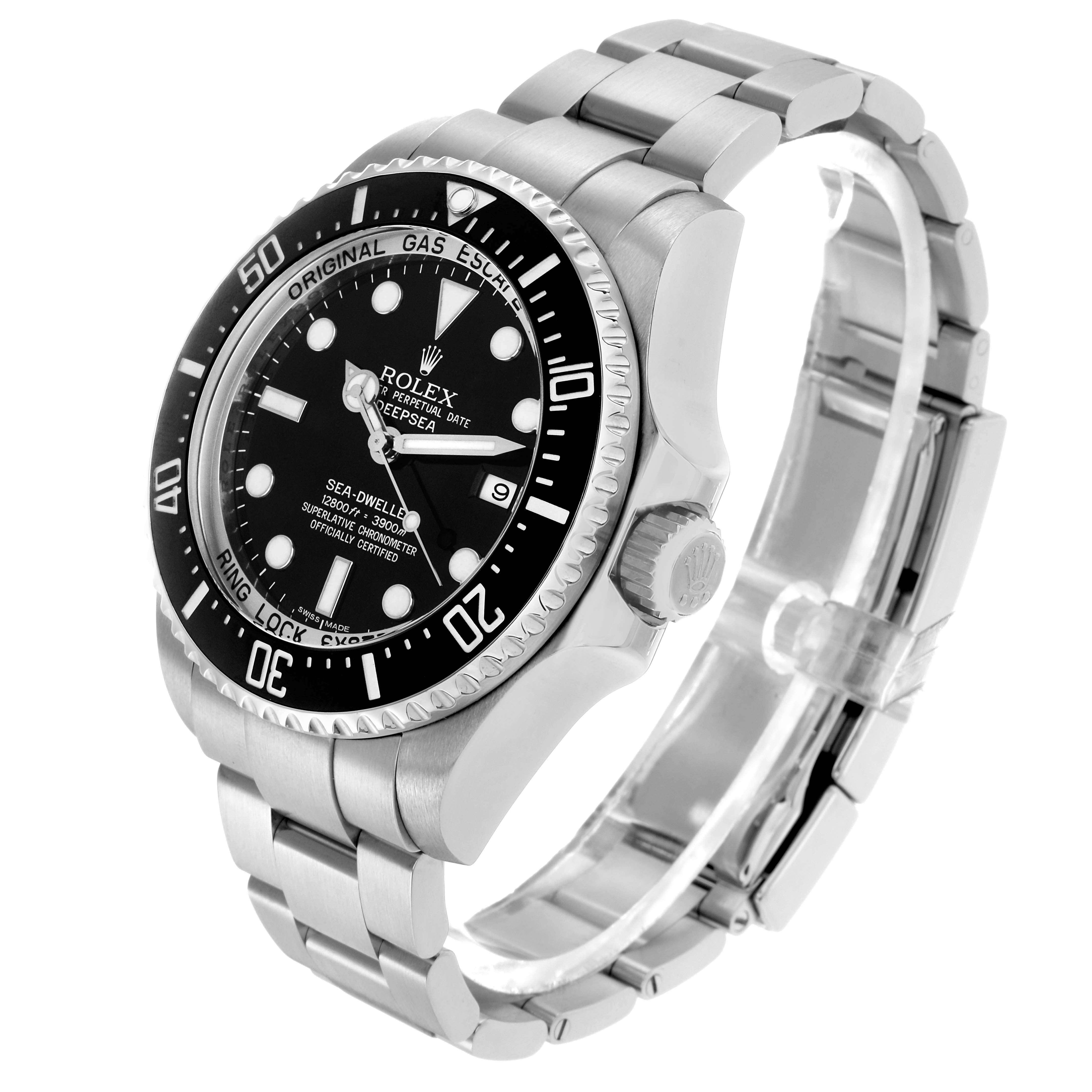 The Rolex Sea-Dweller 116660 Men
s Stainless Steel Black Dial watch is shown at a three-quarter angle, highlighting the face, crown, and bracelet.