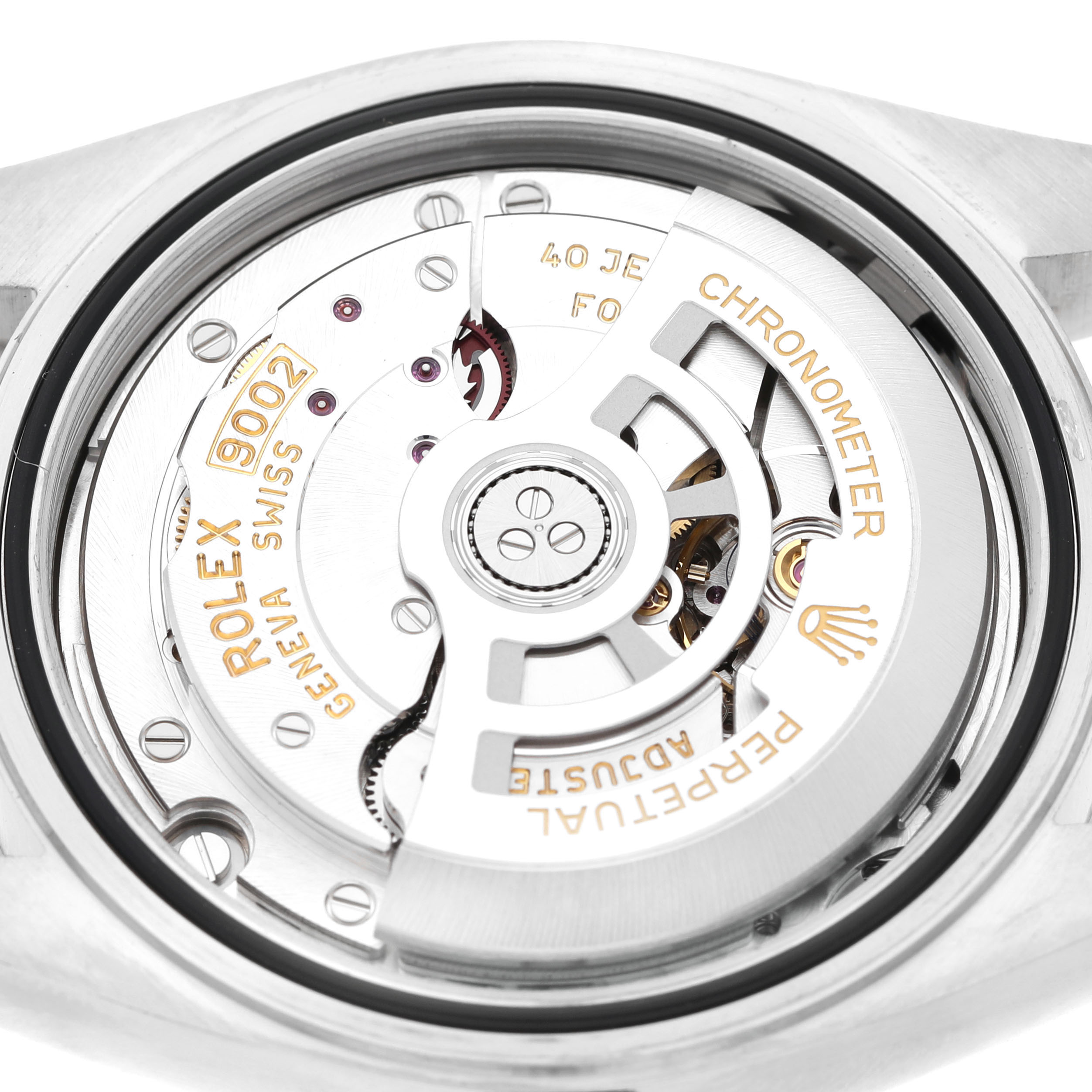 The image shows the movement inside the Rolex Sky-Dweller 336934 Men's Stainless Steel Green Dial, highlighting the rotor, balance wheel, and various engravings.
