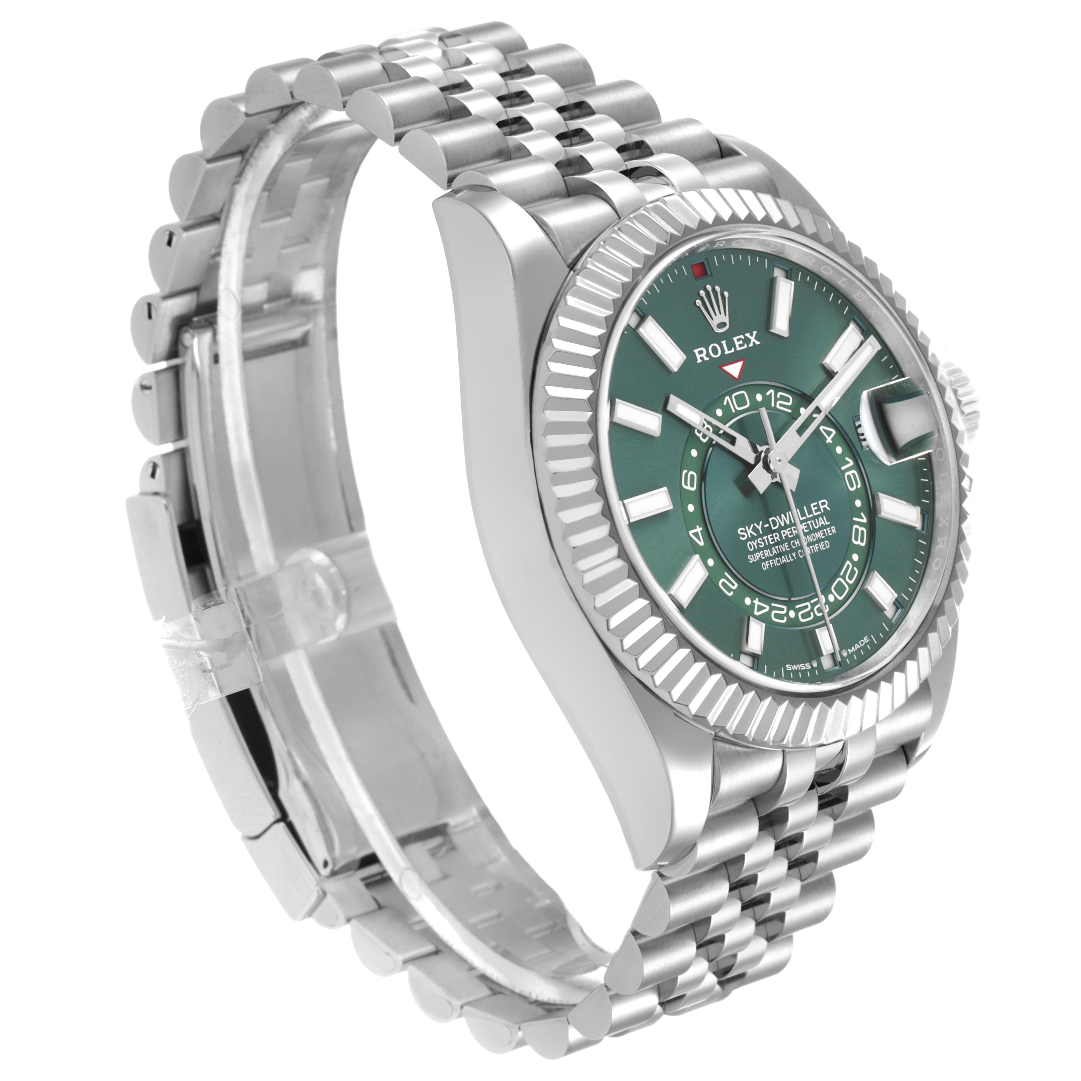The Rolex Sky-Dweller 336934 Men's Stainless Steel Green Dial watch is shown from an angled side view, highlighting the green dial, bezel, case, and bracelet.