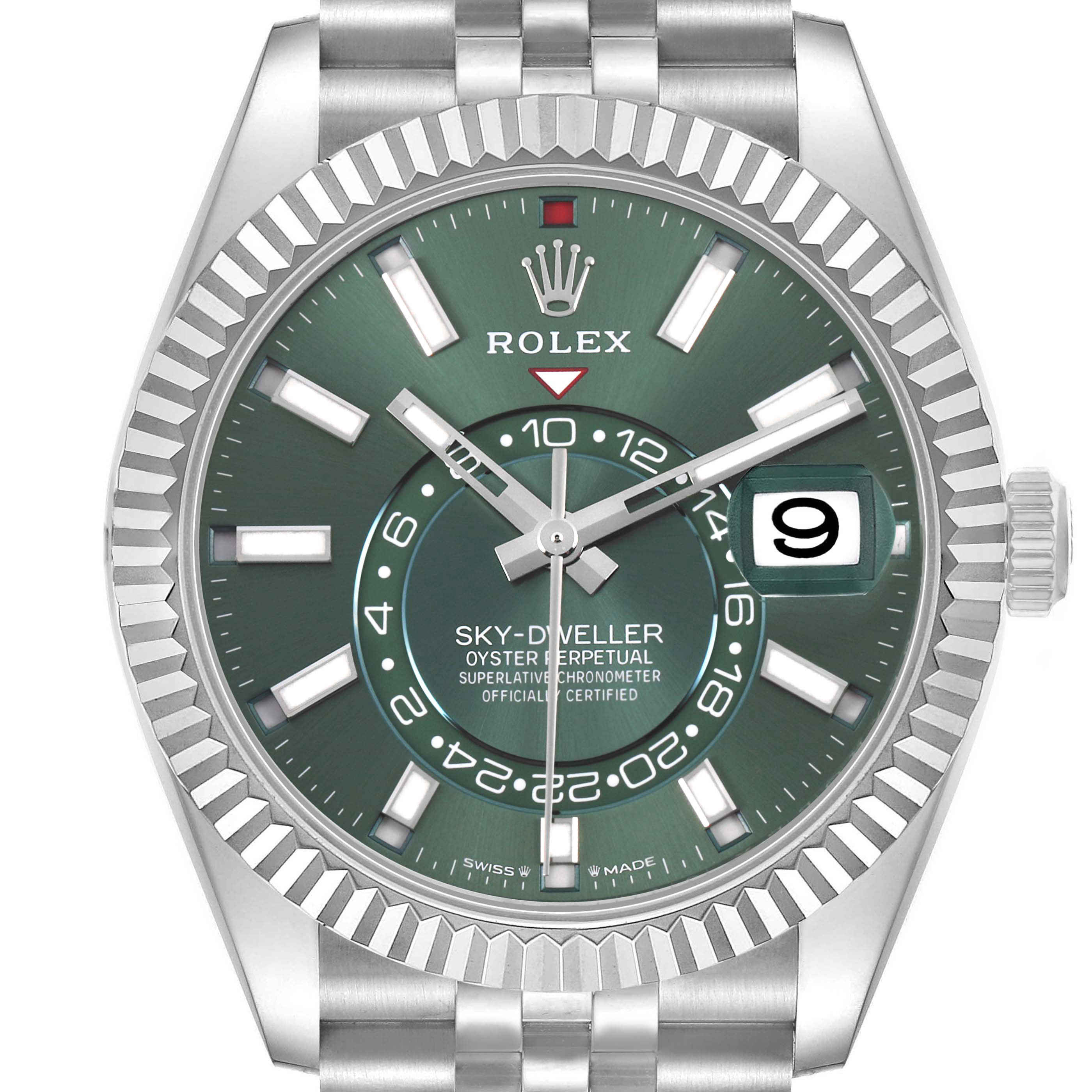 The image shows a front view of the Rolex Sky-Dweller 336934 Men's Stainless Steel Green Dial, highlighting the green dial, fluted bezel, and bracelet.
