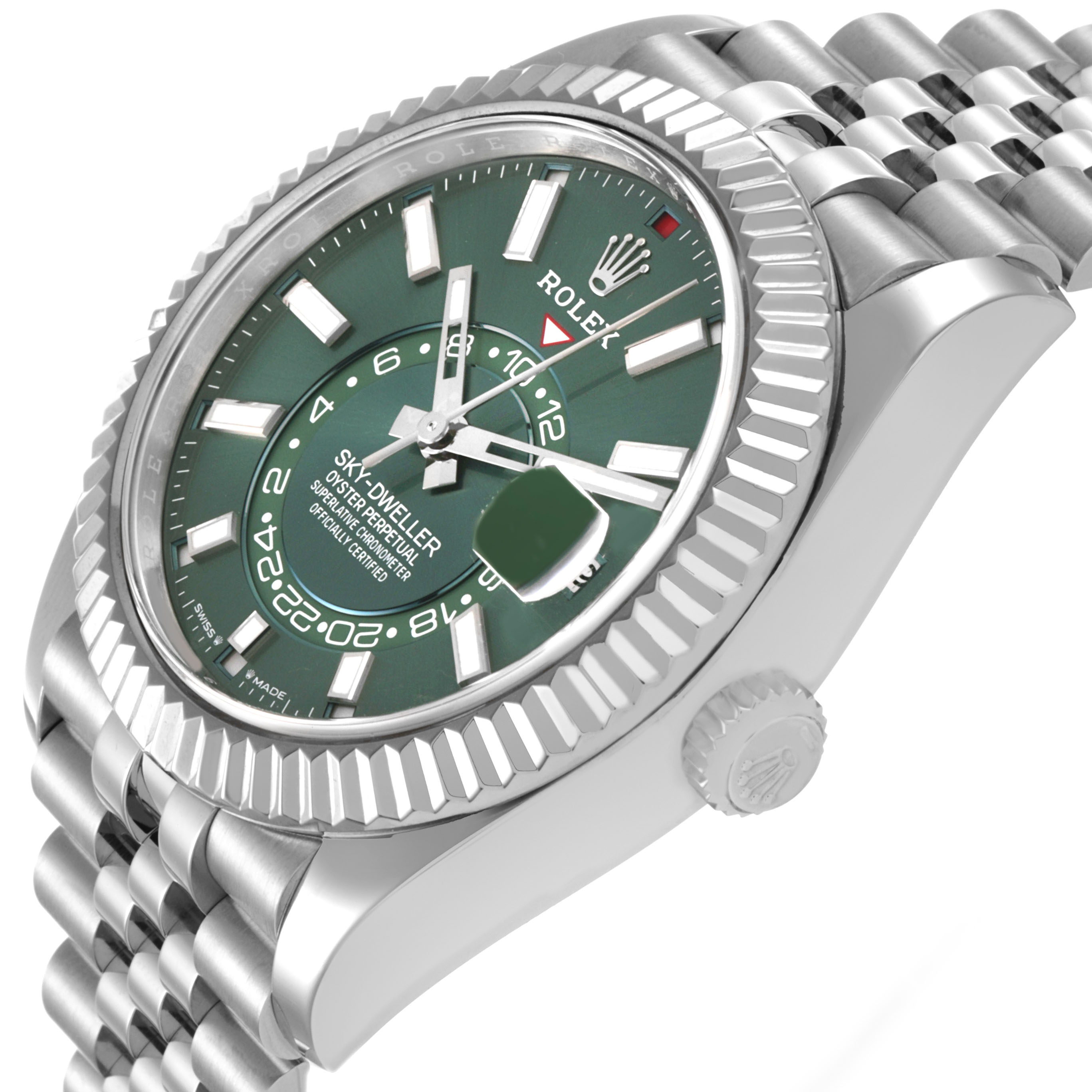 The Rolex Sky-Dweller 336934 Men's Stainless Steel Green Dial watch is shown at an angled side view, highlighting the green dial, fluted bezel, and Jubilee bracelet.