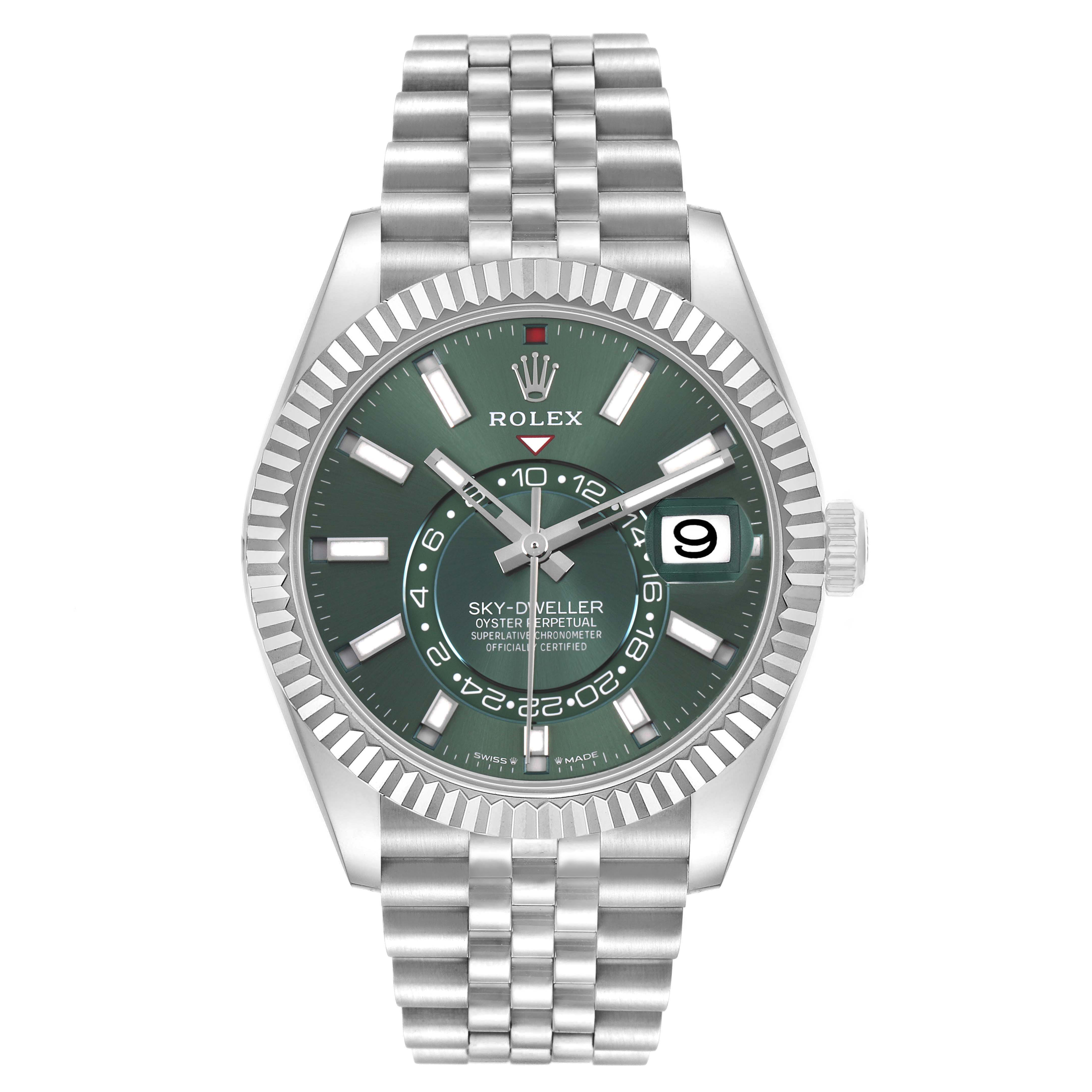 The Rolex Sky-Dweller 336934 Men's Stainless Steel Green Dial watch is shown from a front angle, displaying the face, bezel, and part of the bracelet.