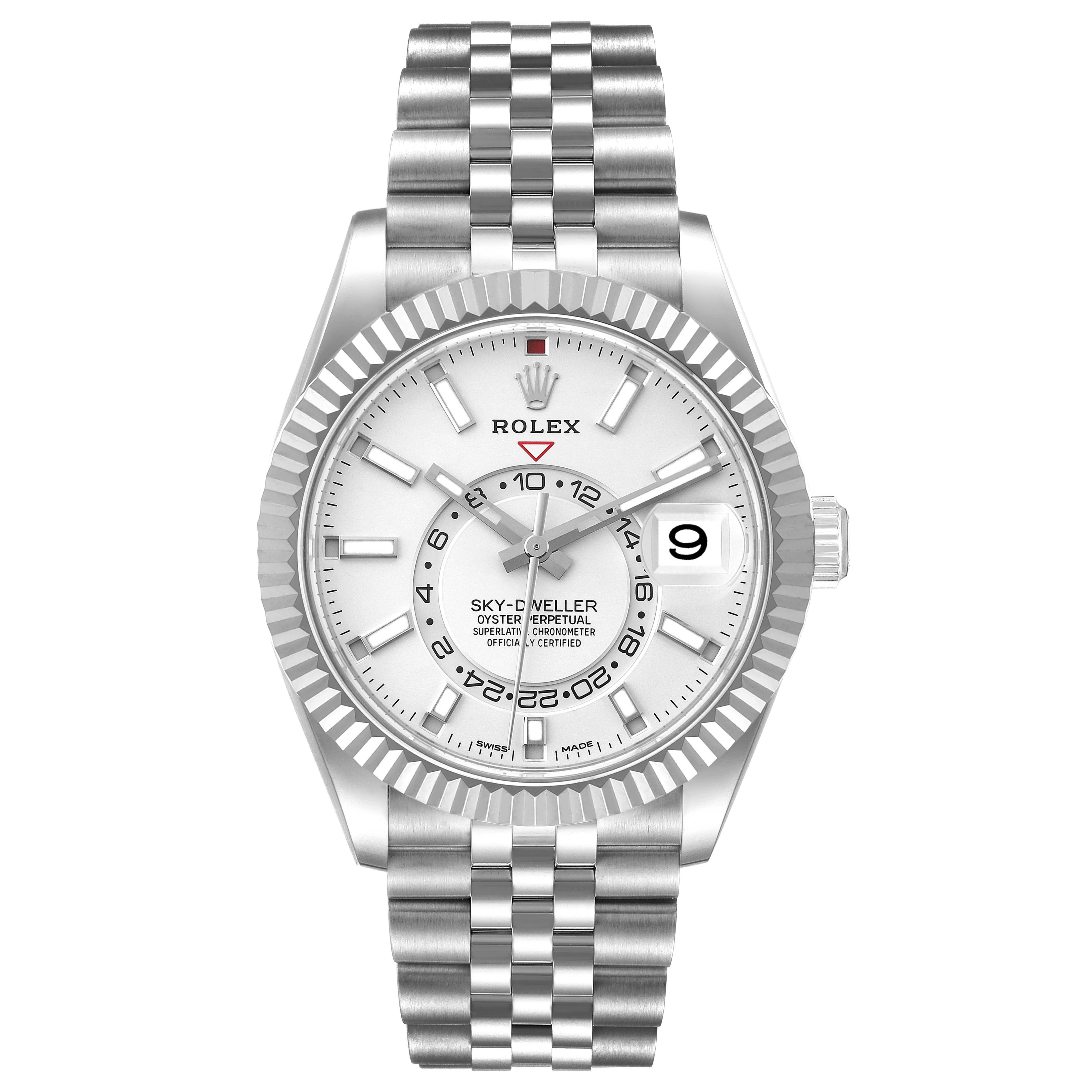 This image shows a front view of the Rolex Sky-Dweller 326934 Men
s Stainless Steel White Dial 326934 Men
s Stainless Steel White Dial watch, highlighting the dial, bezel, and bracelet.