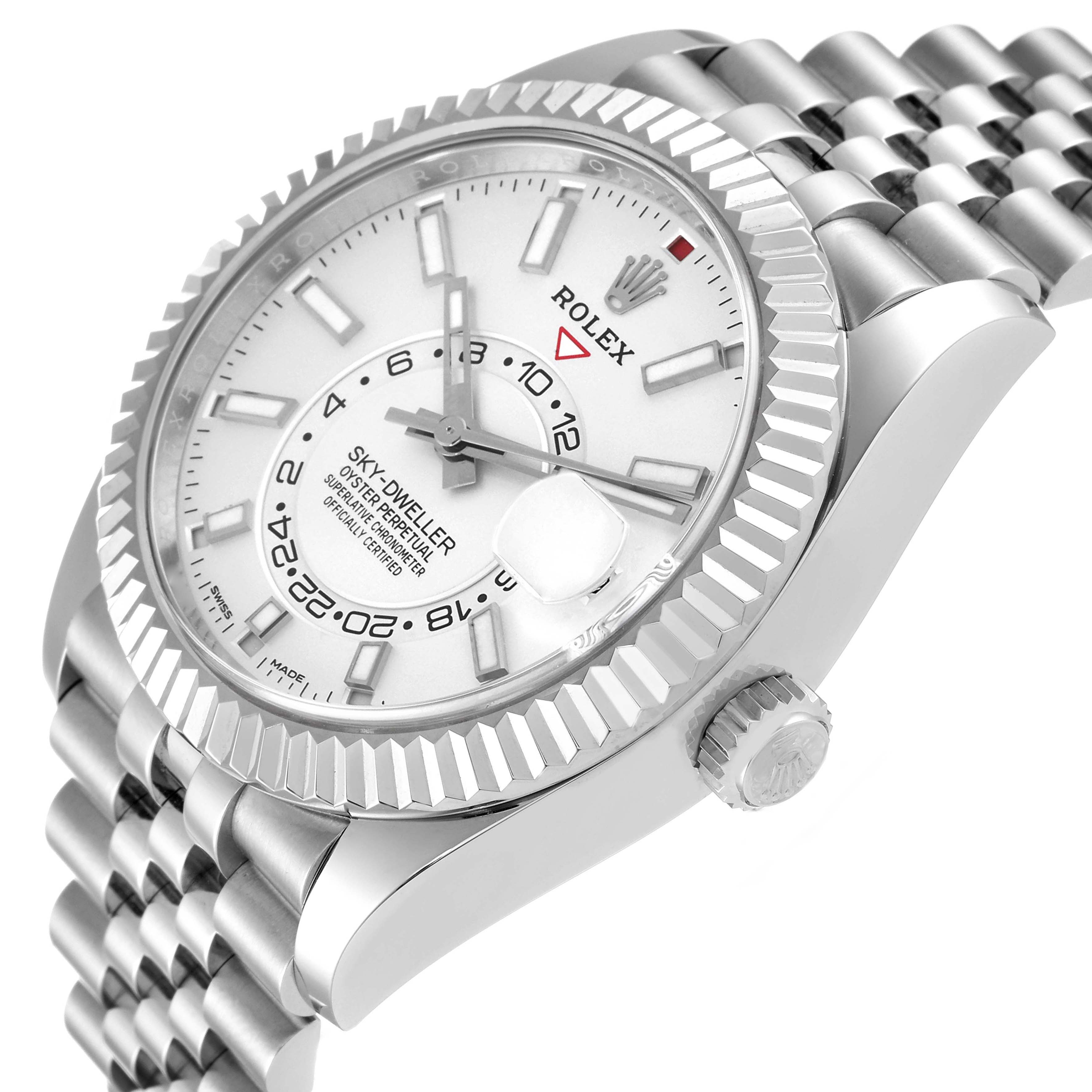 The image shows a close-up side angle of the Rolex Sky-Dweller 326934 Men
s Stainless Steel White Dial 326934 Men
s Stainless Steel White Dial, highlighting its dial, bezel, crown, and part of the bracelet.