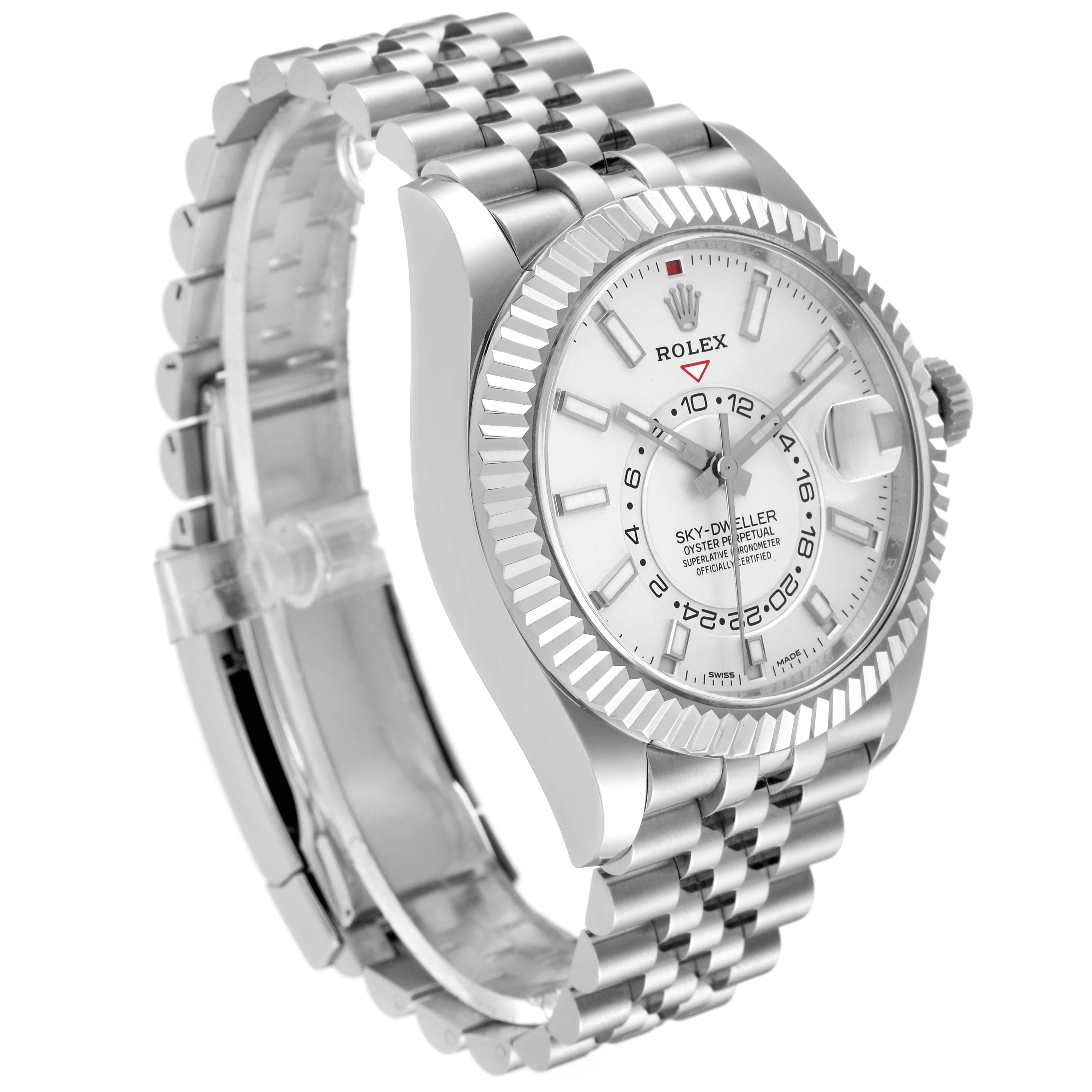 The image shows a side and frontal view of the Rolex Sky-Dweller 326934 Men
s Stainless Steel White Dial 326934 Men
s Stainless Steel White Dial watch, highlighting its face, bezel, and bracelet.