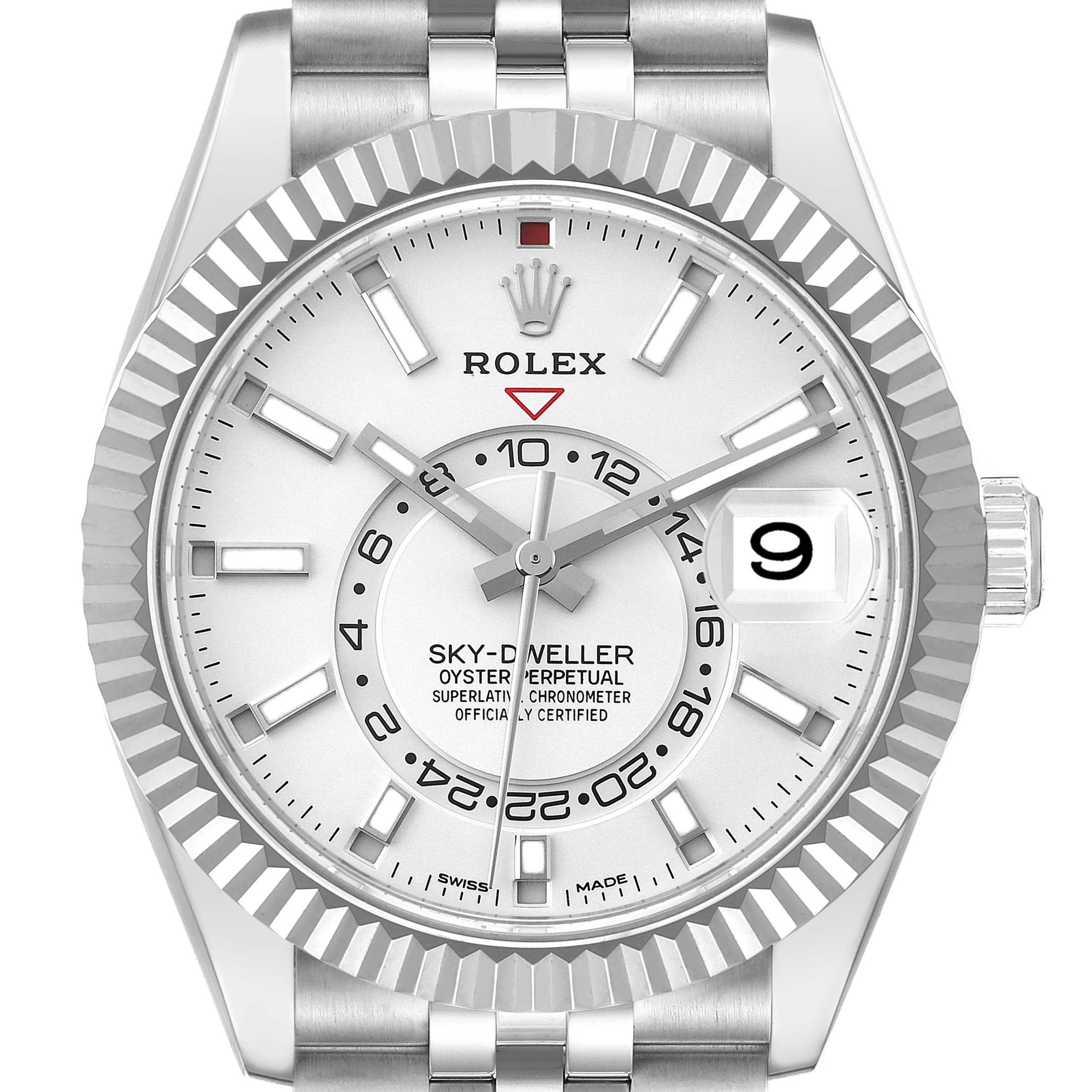 This image shows a front view of the Rolex Sky-Dweller 326934 Men
s Stainless Steel White Dial 326934 Men
s Stainless Steel White Dial watch, highlighting its dial, bezel, and part of the bracelet.