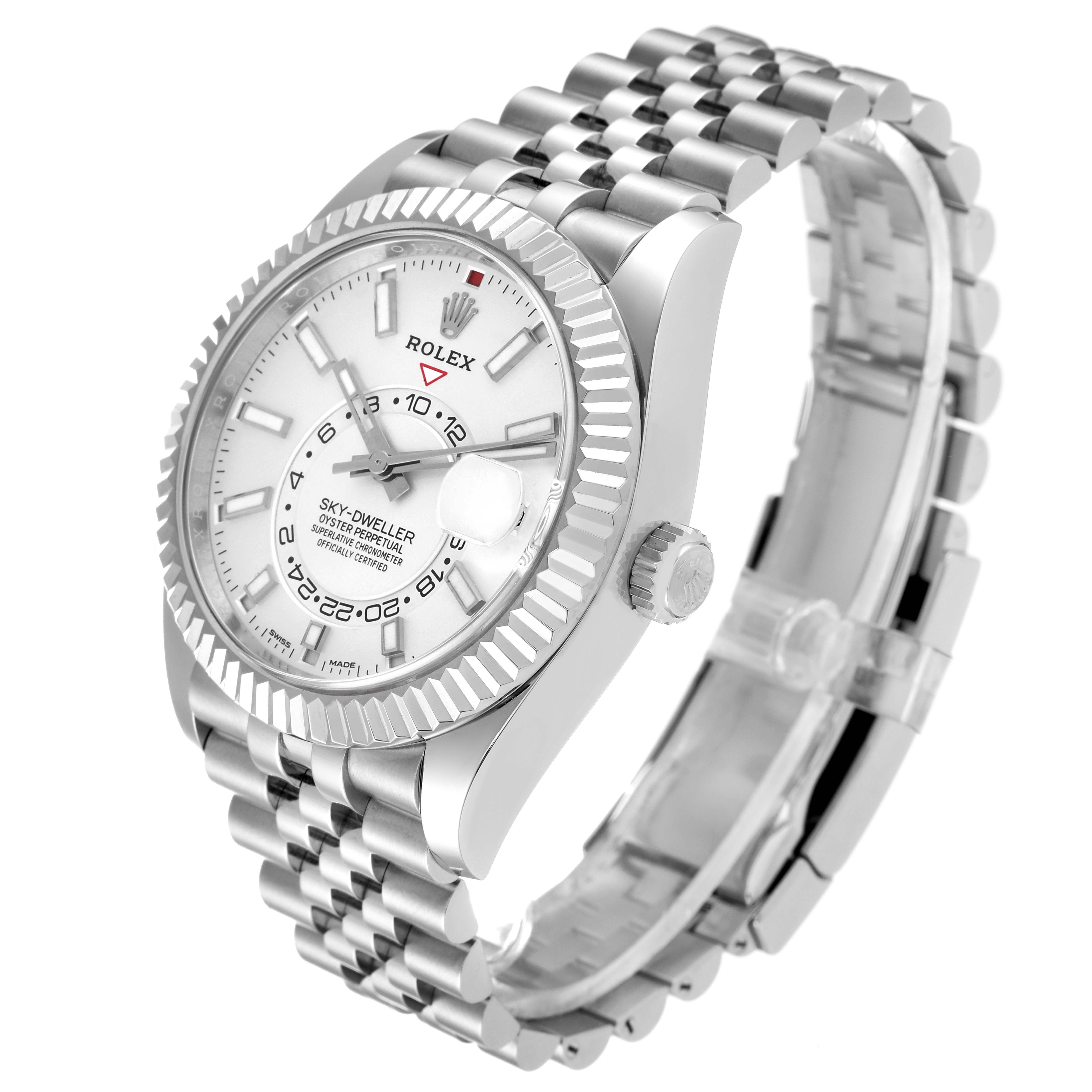 The Rolex Sky-Dweller 326934 Men
s Stainless Steel White Dial 326934 Men
s Stainless Steel White Dial watch is shown at a three-quarter angle featuring its dial, bezel, crown, and bracelet.