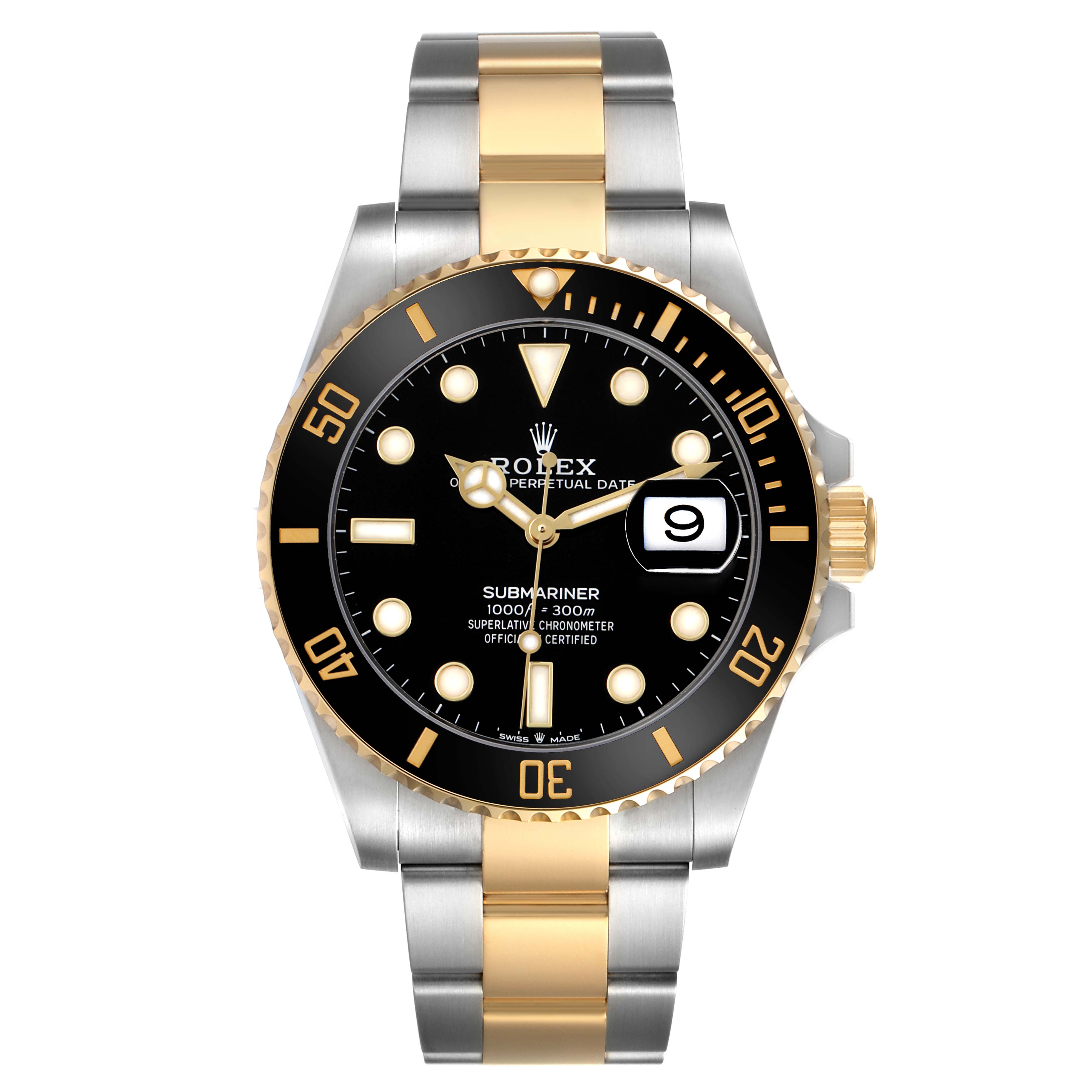 The Rolex Submariner 126613 Men's Steel and Gold (two tone) Black Dial watch is shown from a front angle, displaying the dial, bezel, and bracelet.