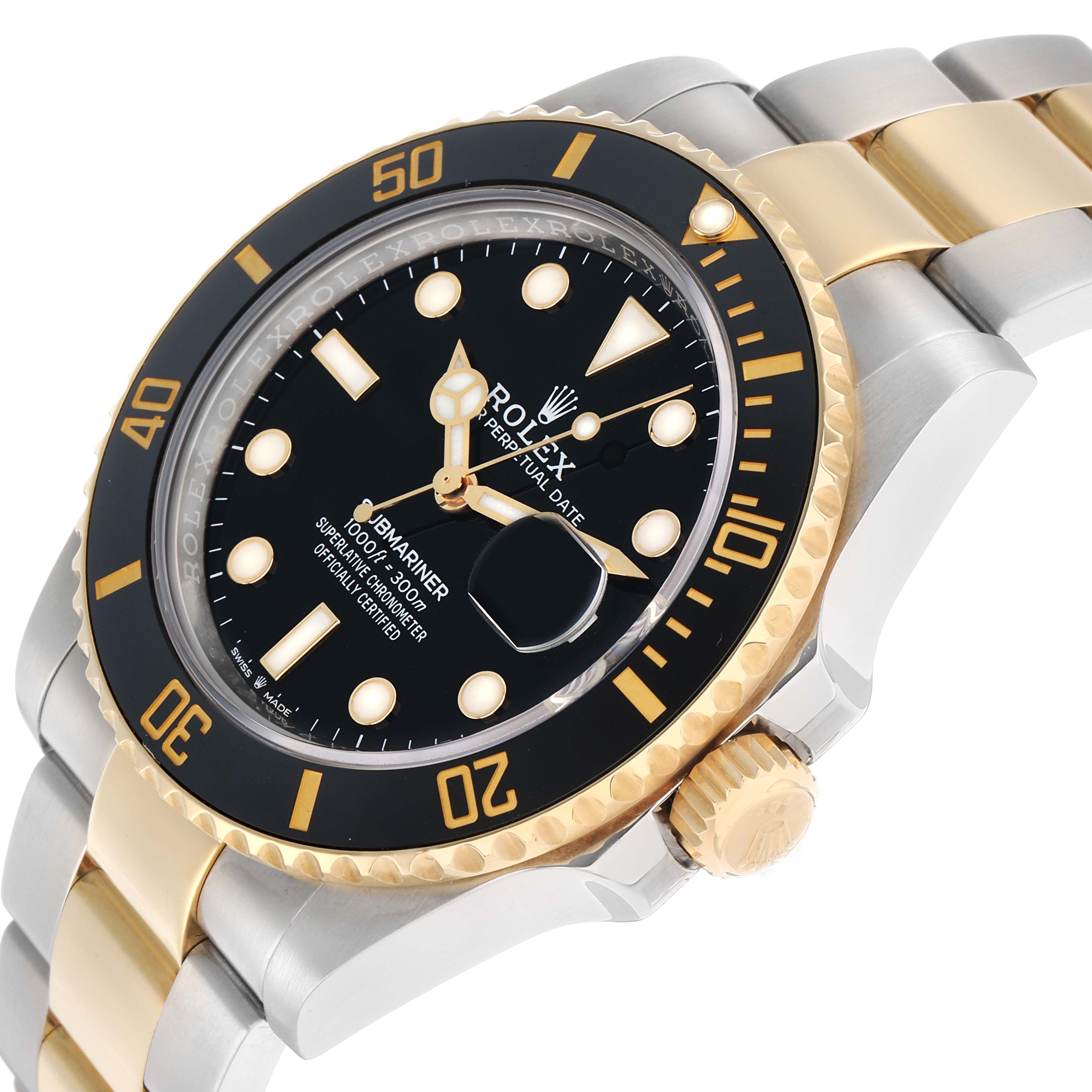 The Rolex Submariner 126613 Men's Steel and Gold (two tone) Black Dial watch is shown at a tilted angle highlighting its dial, bezel, and two-tone bracelet.