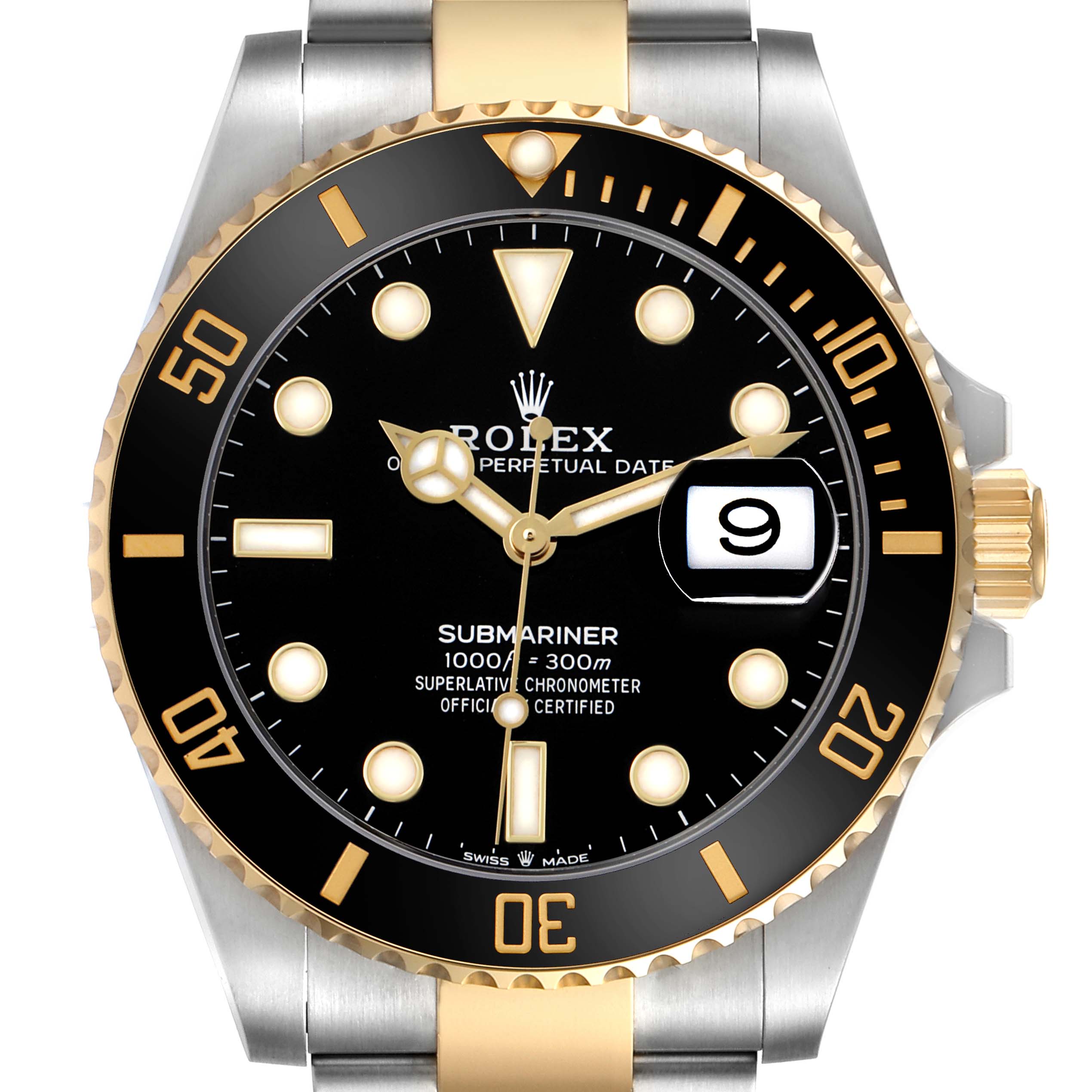 The Rolex Submariner 126613 Men's Steel and Gold (two tone) Black Dial watch is shown from a front angle, displaying the dial, bezel, hands, and bracelet.