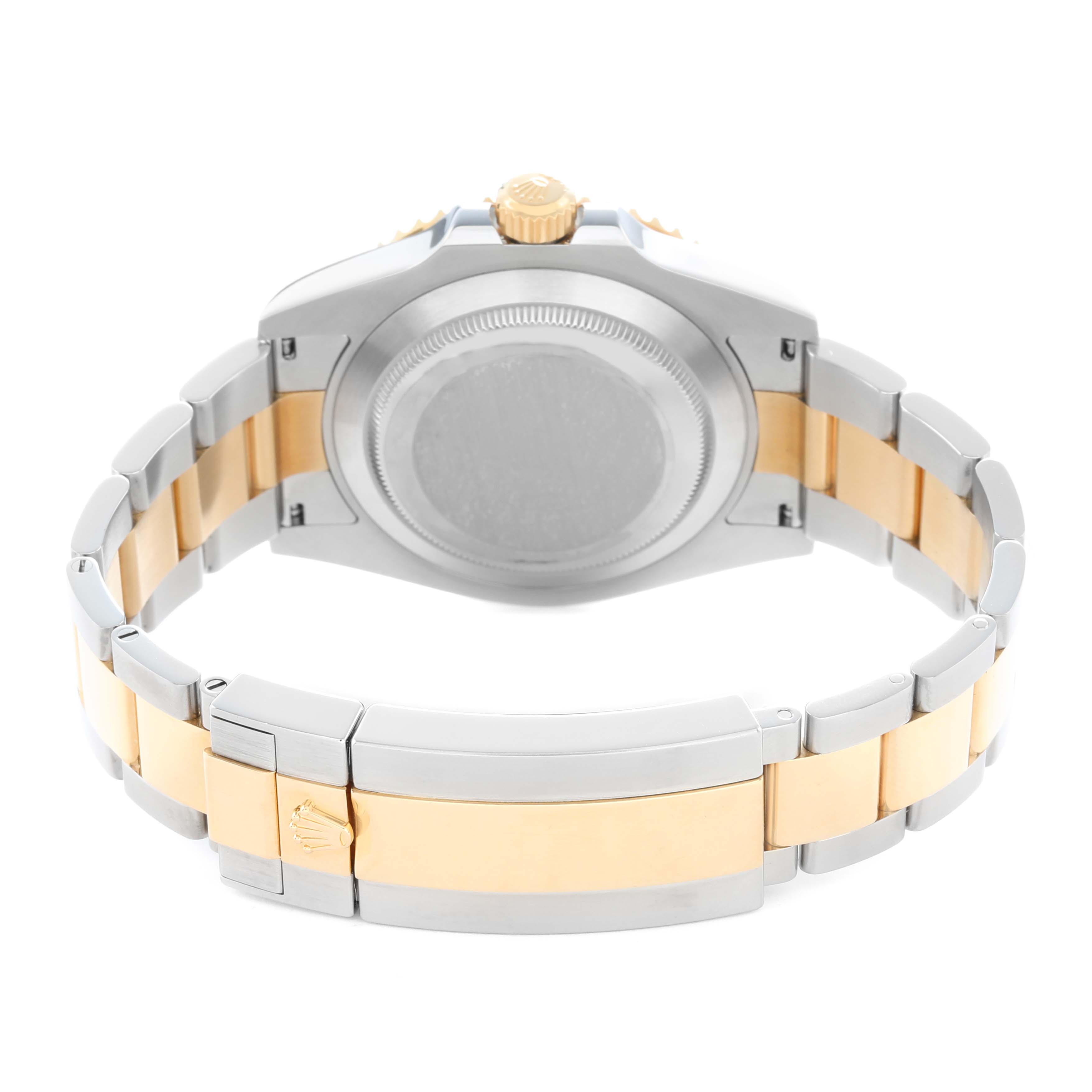 The image shows the back view of a Rolex Submariner 126613 Men's Steel and Gold (two tone) Black Dial, highlighting the case back and two-tone bracelet.