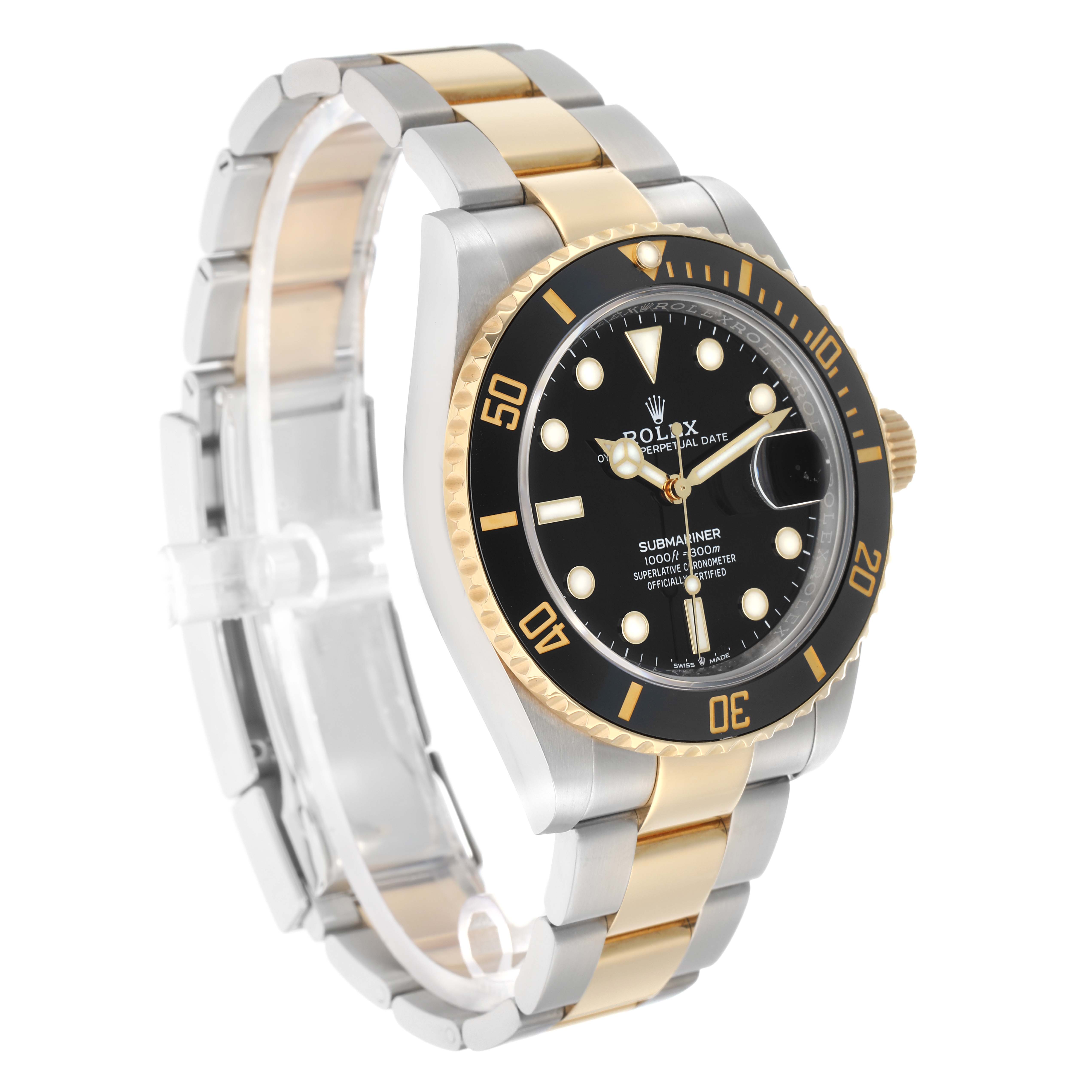 The Rolex Submariner 126613 Men's Steel and Gold (two tone) Black Dial watch is shown at a slight angle, highlighting the bezel, dial, bracelet, and crown.