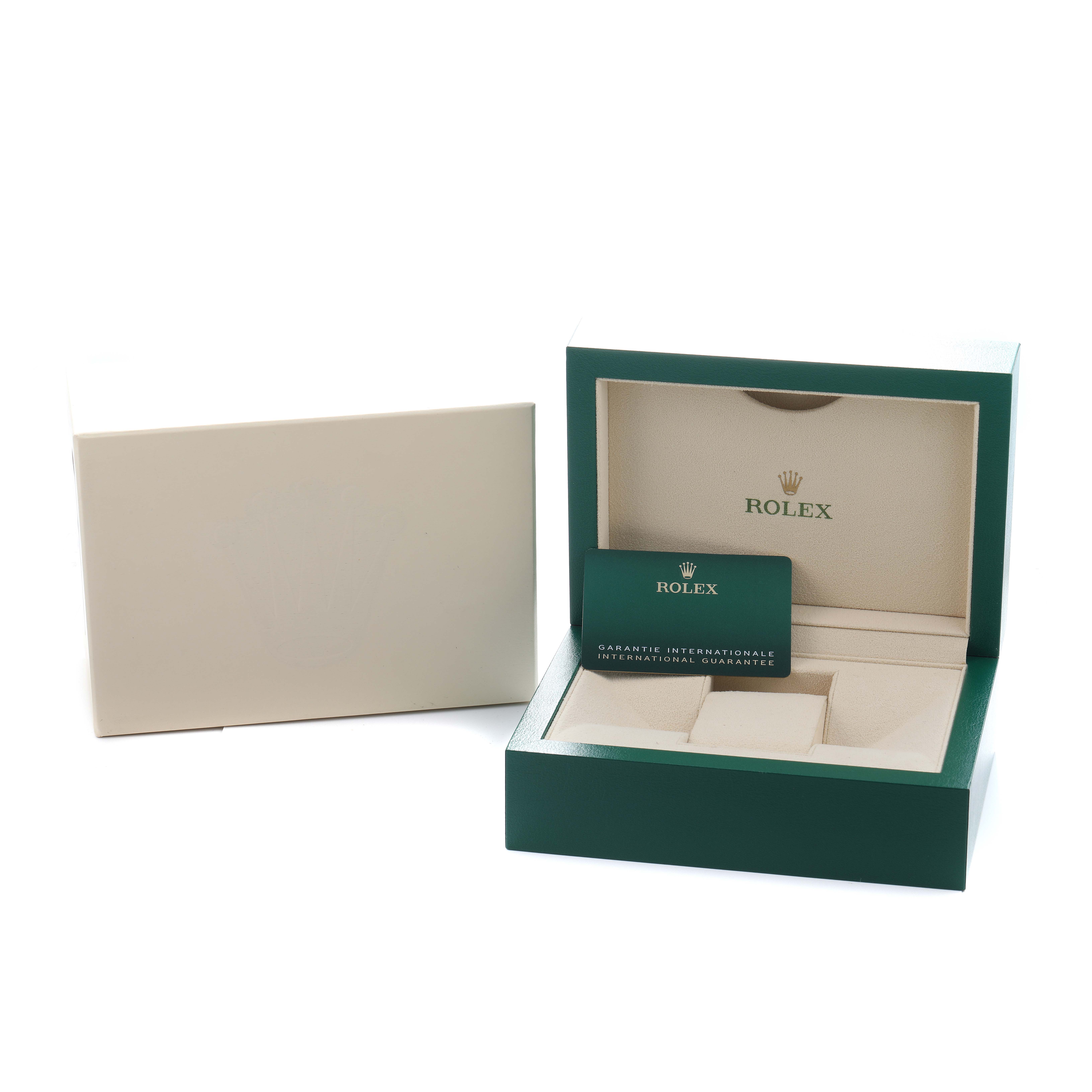 The image shows an open Rolex Submariner 126613 Men's Steel and Gold (two tone) Black Dial watch box with a guarantee card, viewed from the front.