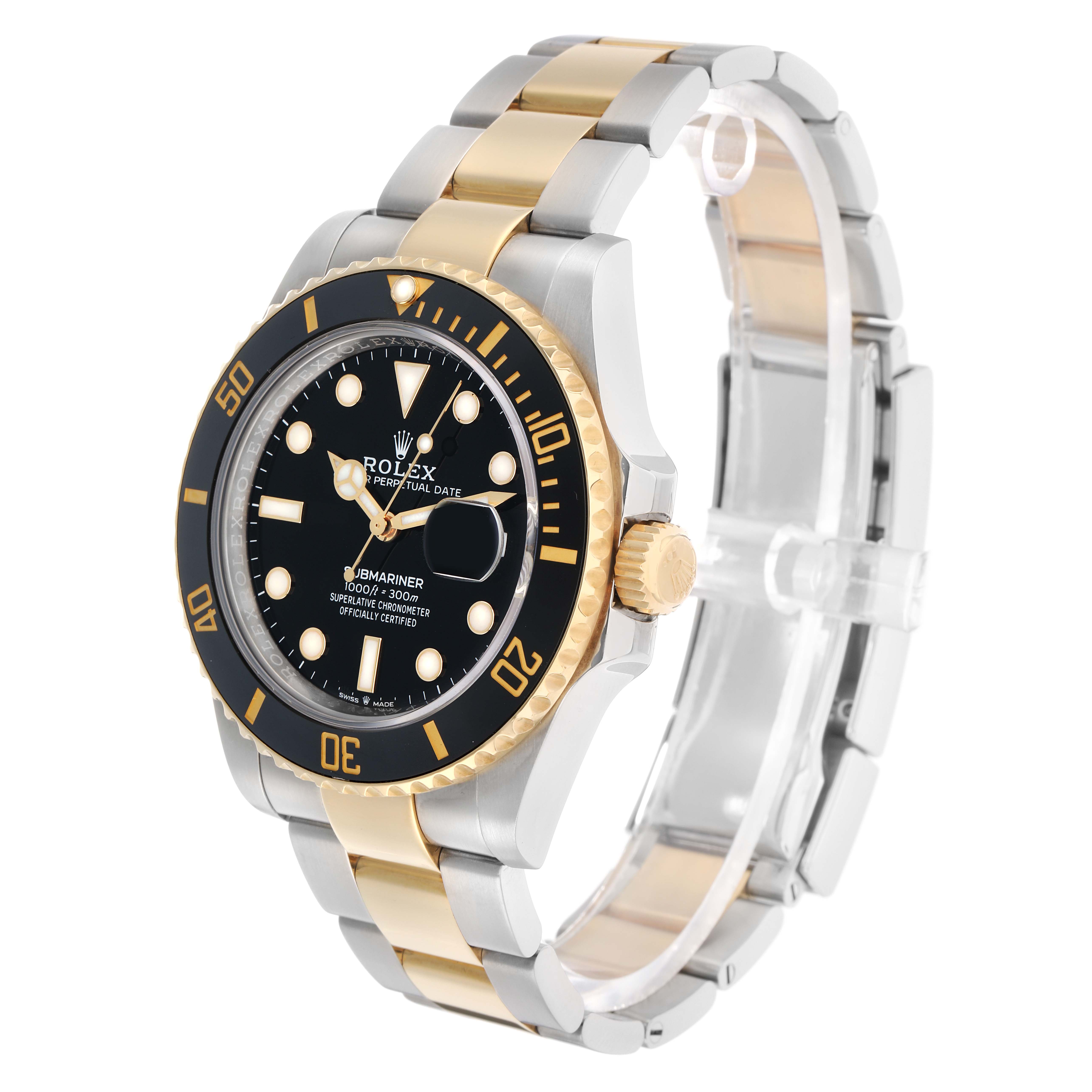 The Rolex Submariner 126613 Men's Steel and Gold (two tone) Black Dial is shown at a three-quarter angle, highlighting the black bezel, gold and steel bracelet, and crown.