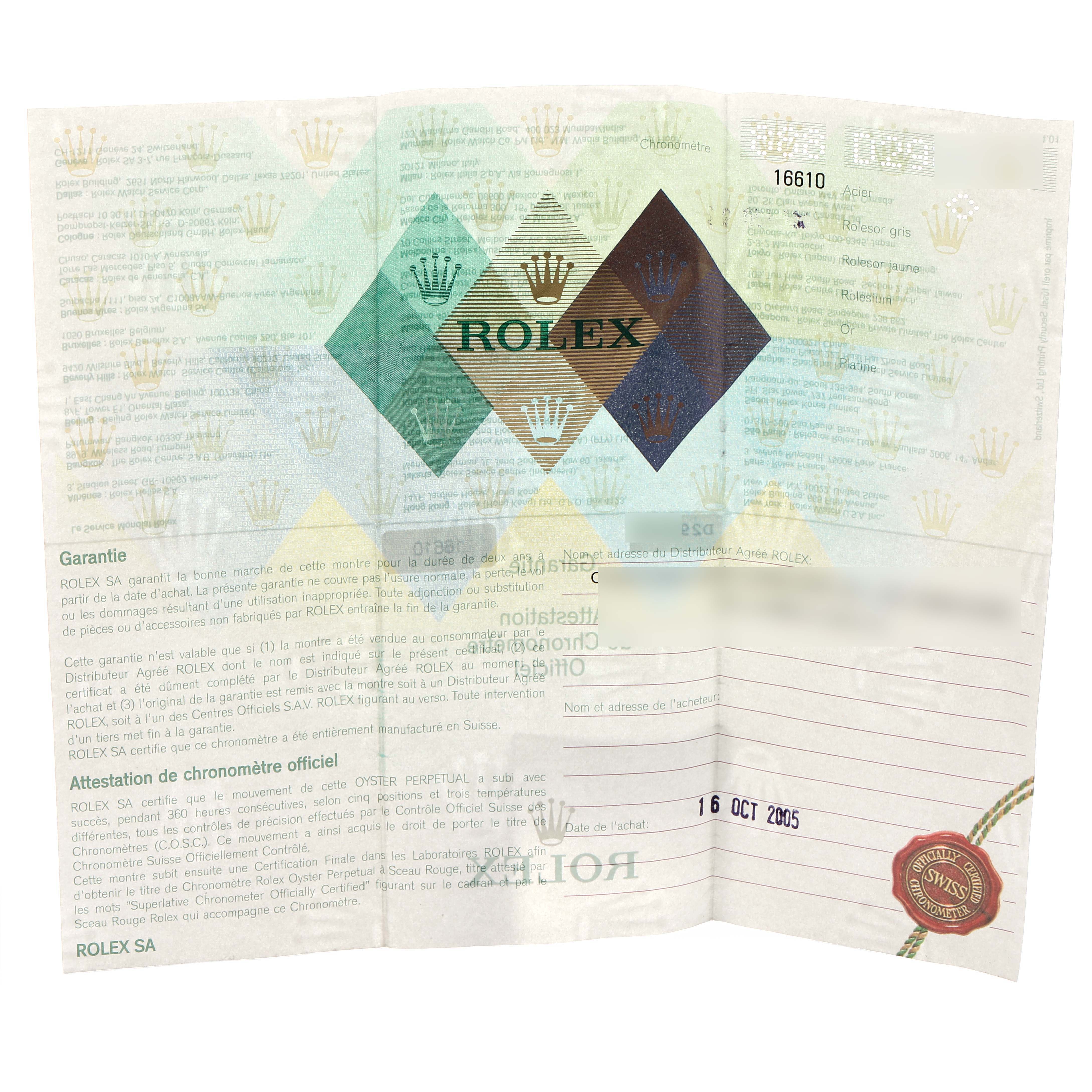 The image shows the warranty certificate for a Rolex Submariner 16610 Men
s Stainless Steel Black Dial, featuring branding and purchase details.