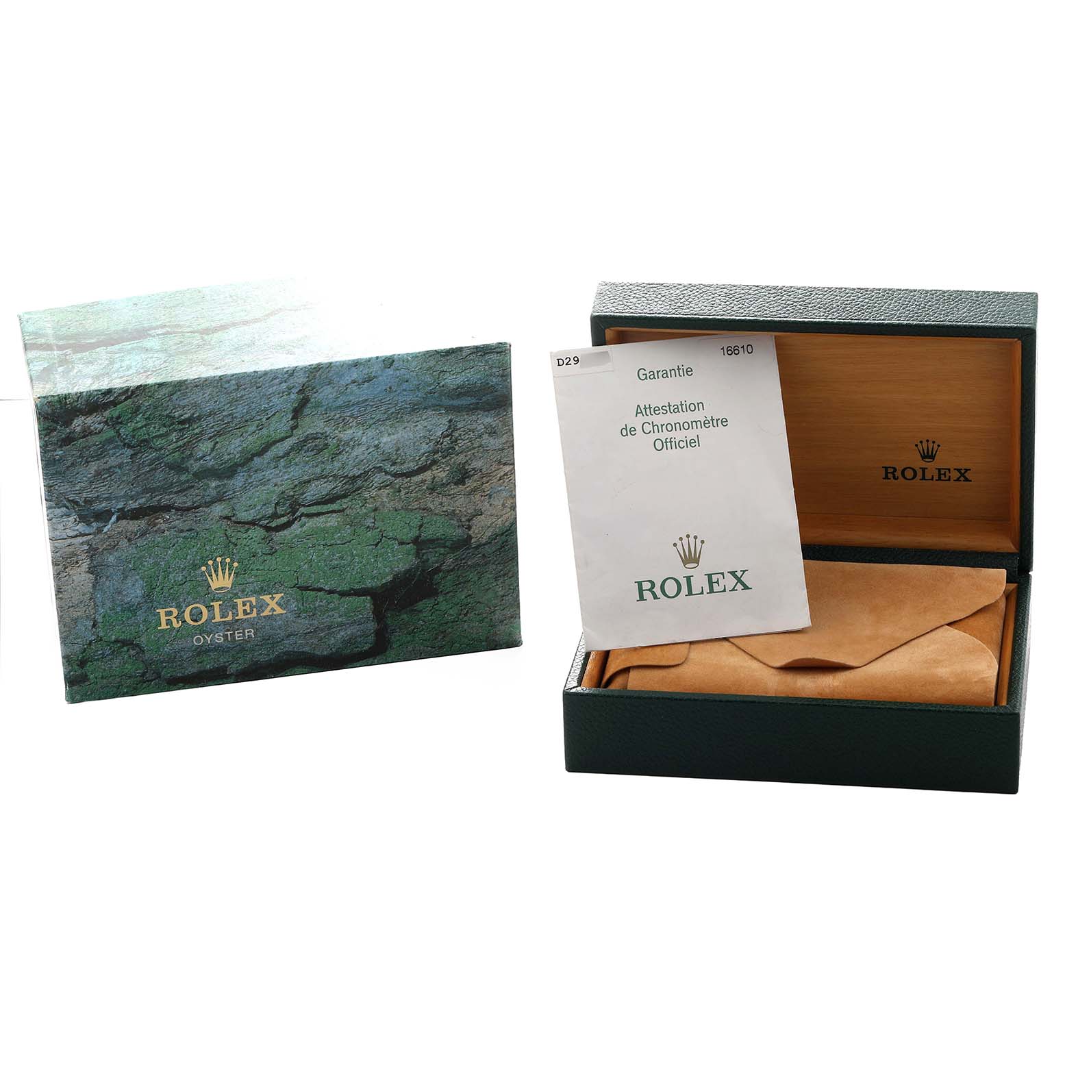 The image shows a Rolex Submariner 16610 Men
s Stainless Steel Black Dial box at an angle, with a warranty card and outer sleeve.