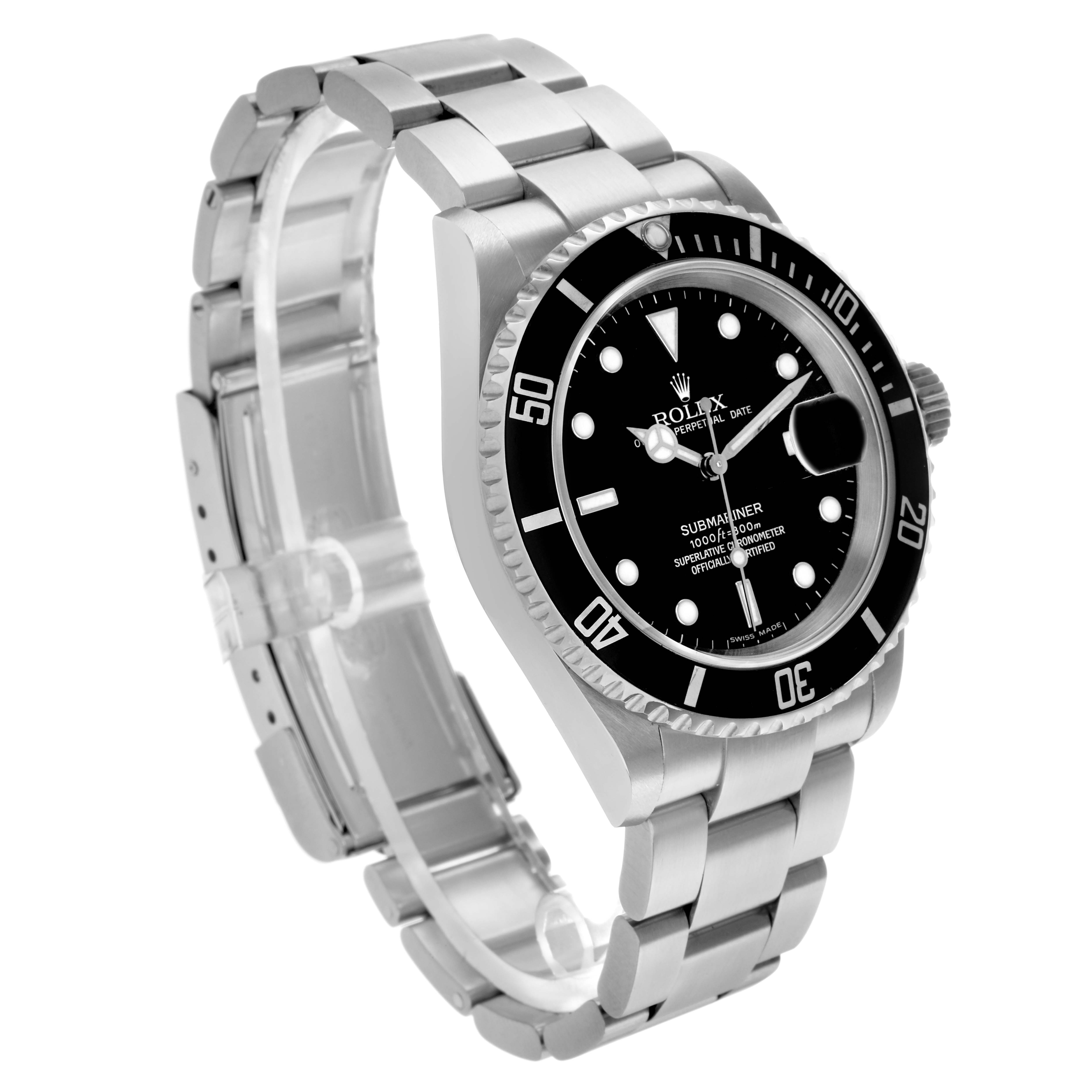 This Rolex Submariner 16610 Men
s Stainless Steel Black Dial is shown at a three-quarter angle, displaying the bracelet, bezel, dial, and crown.