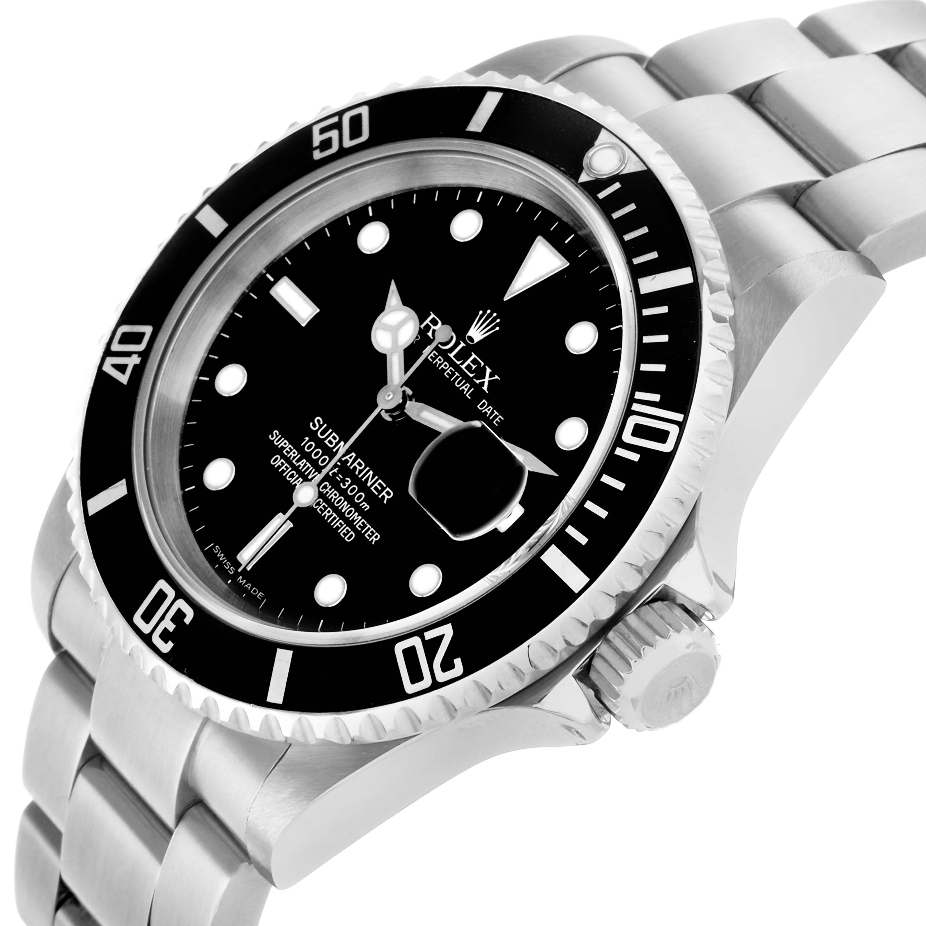 The Rolex Submariner 16610 Men
s Stainless Steel Black Dial watch is shown at an angled side view, highlighting the dial, bezel, crown, and part of the bracelet.