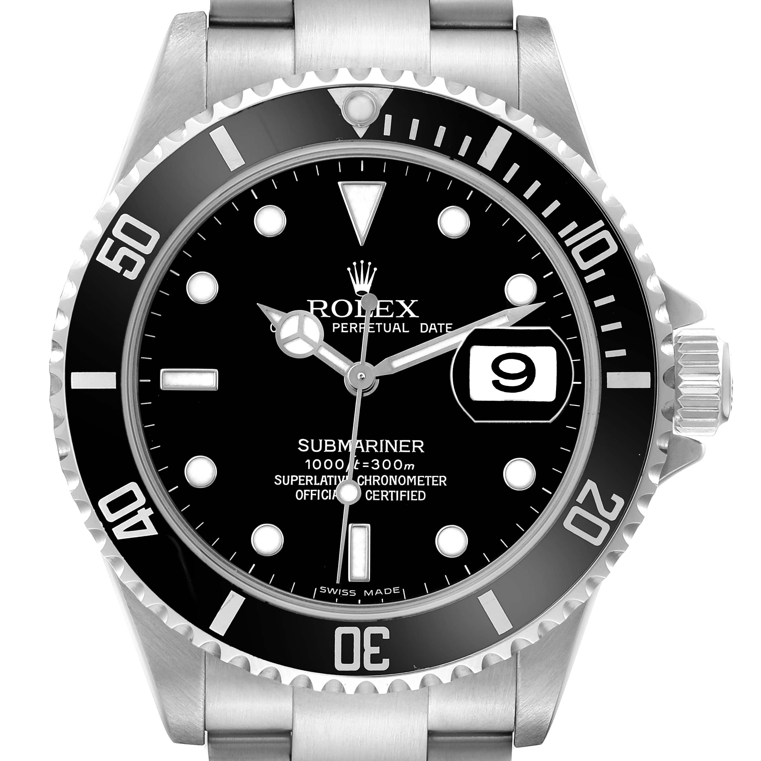 The Rolex Submariner 16610 Men
s Stainless Steel Black Dial watch is shown from the front, highlighting the dial, bezel, crown, and part of the bracelet.