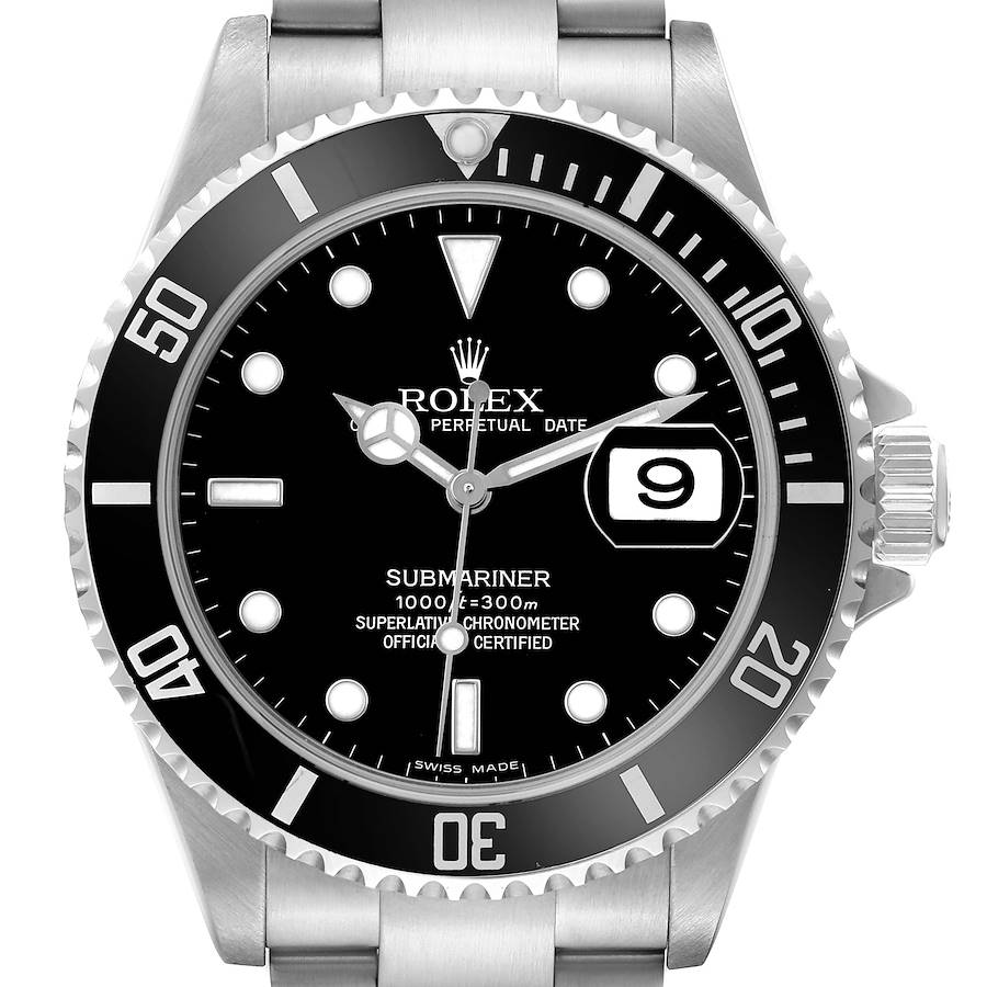 The Rolex Submariner 16610 Men's Stainless Steel Black Dial watch is shown from the front, highlighting the dial, bezel, crown, and part of the bracelet.