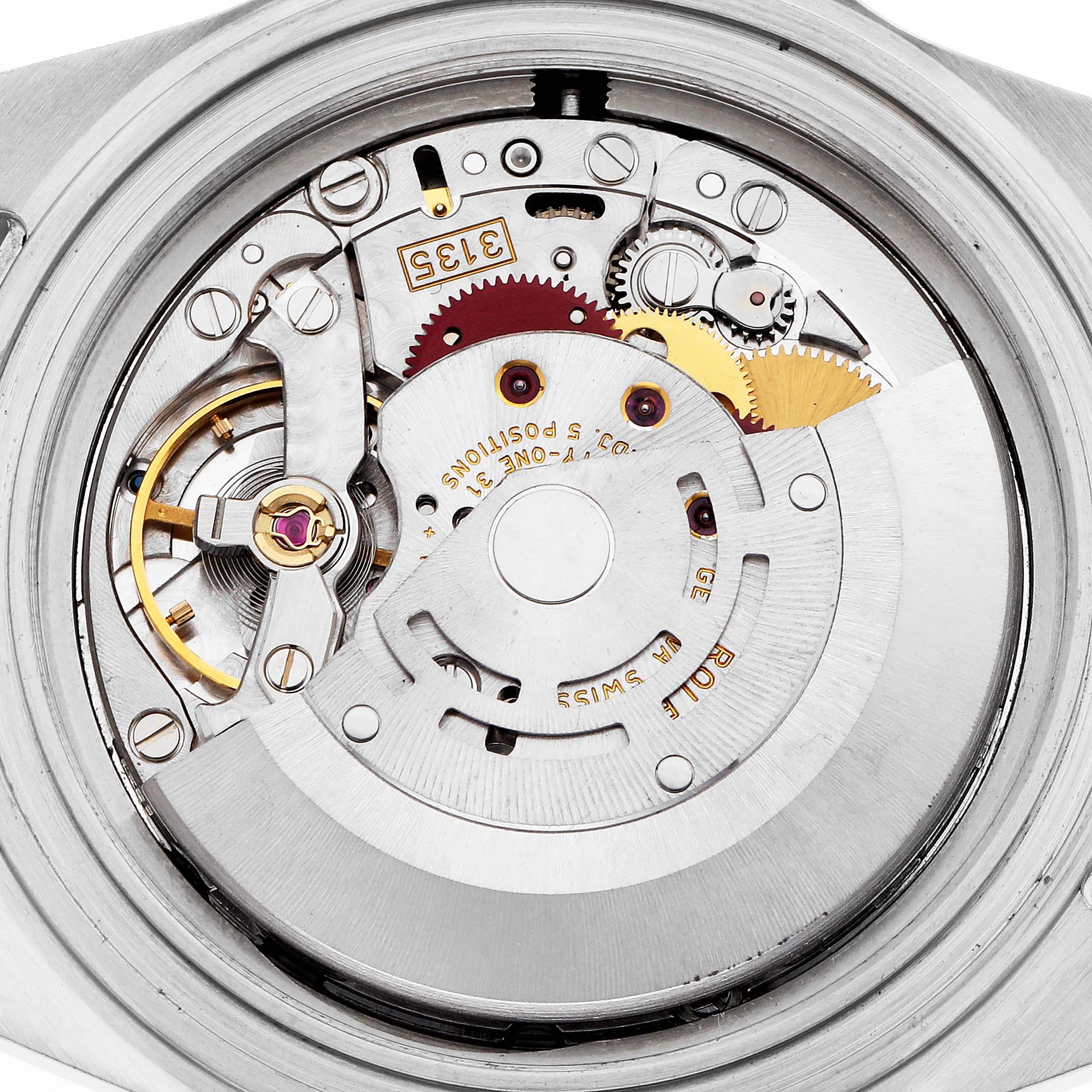 The image shows the intricate movement mechanism of a Rolex Submariner 16610 Men
s Stainless Steel Black Dial watch from a top-down angle.