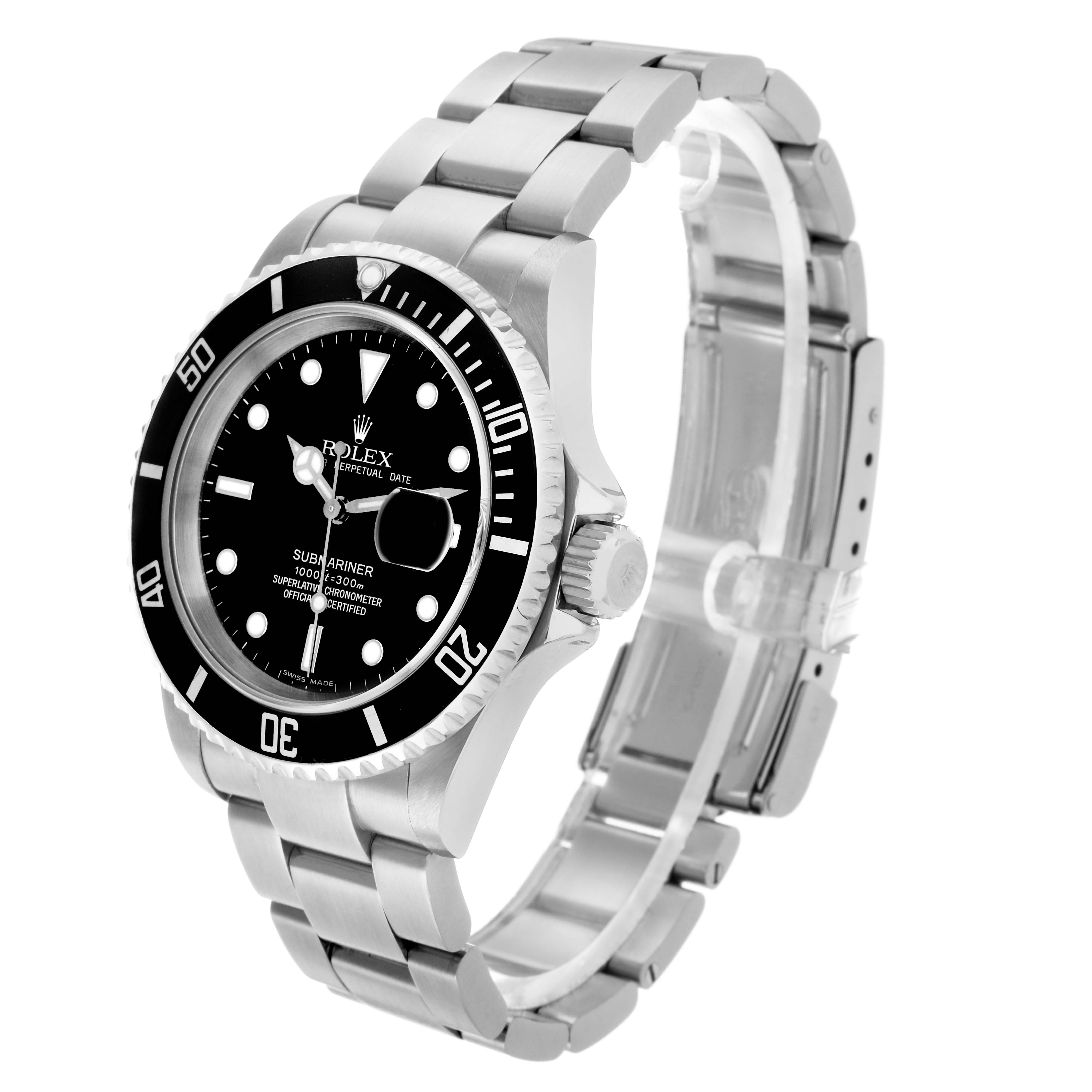 The Rolex Submariner 16610 Men
s Stainless Steel Black Dial is shown at a three-quarter angle, highlighting the dial, bezel, crown, and bracelet.