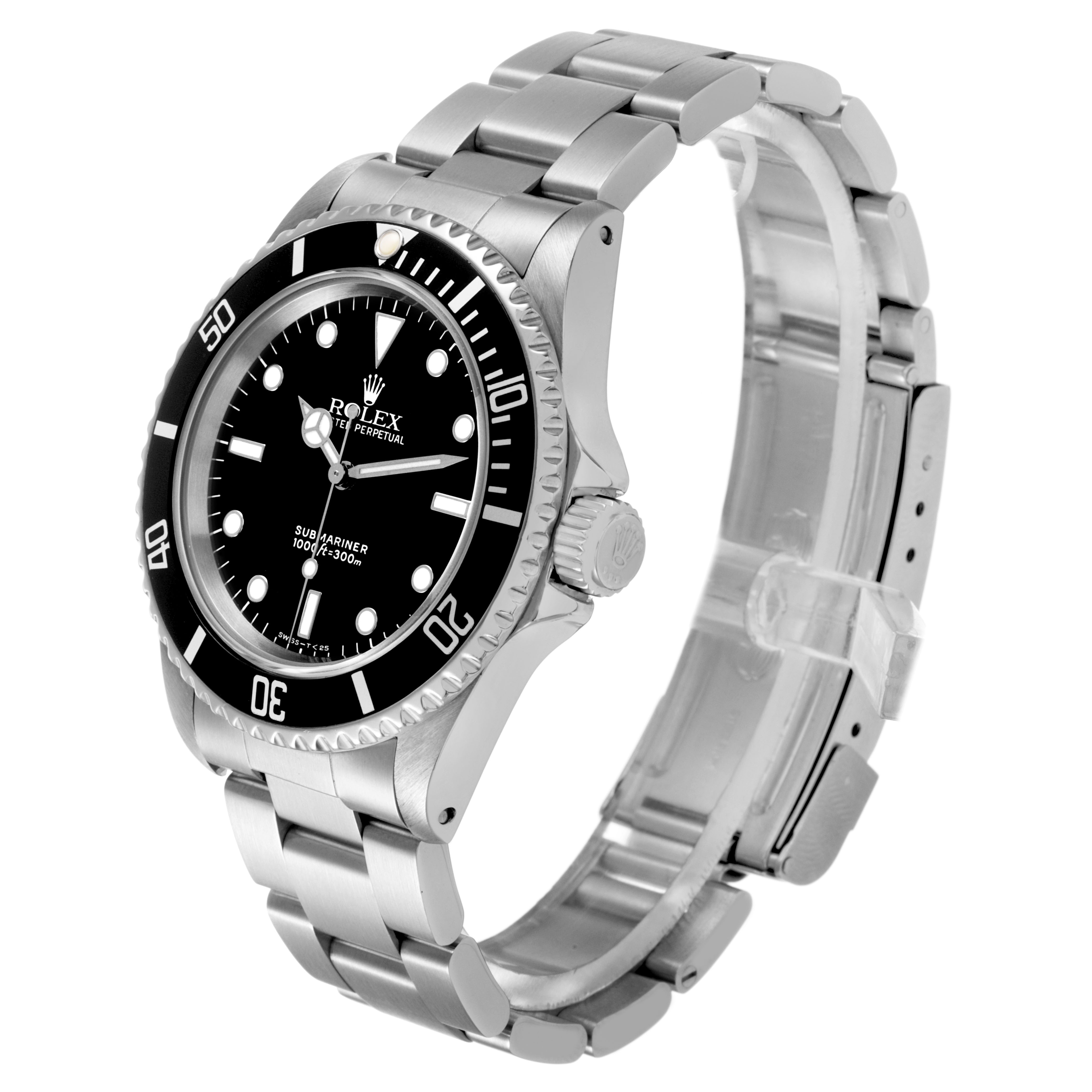 The Rolex Submariner 14060 Men's Stainless Steel Black Dial watch is shown from an angled side view, highlighting the bezel, dial, crown, and bracelet.
