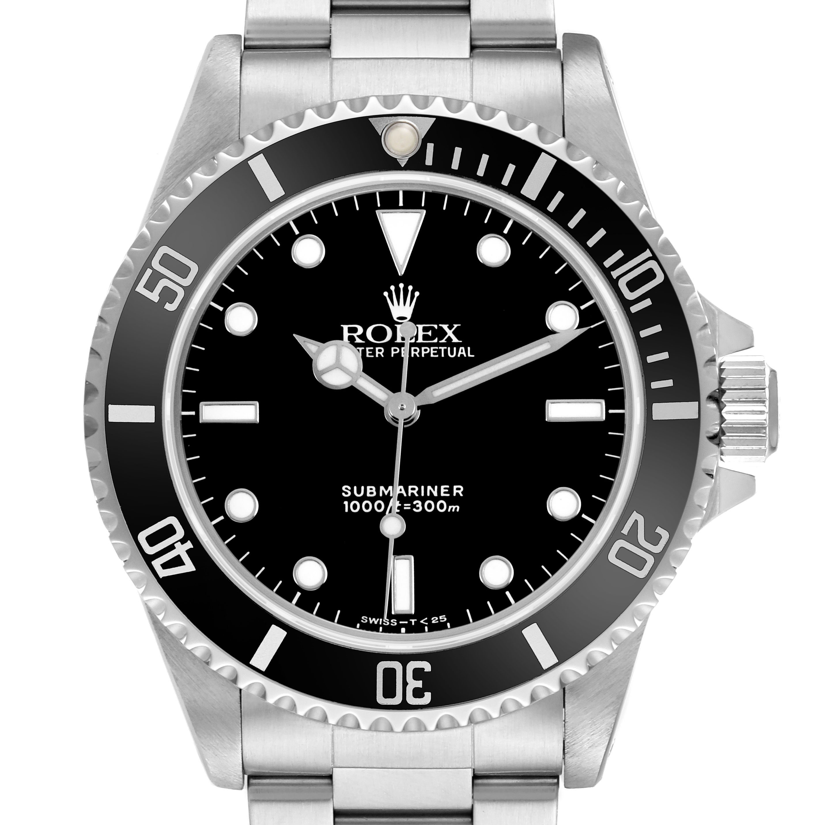 The Rolex Submariner 14060 Men's Stainless Steel Black Dial watch is shown from a front angle, displaying its dial, bezel, and part of the bracelet.