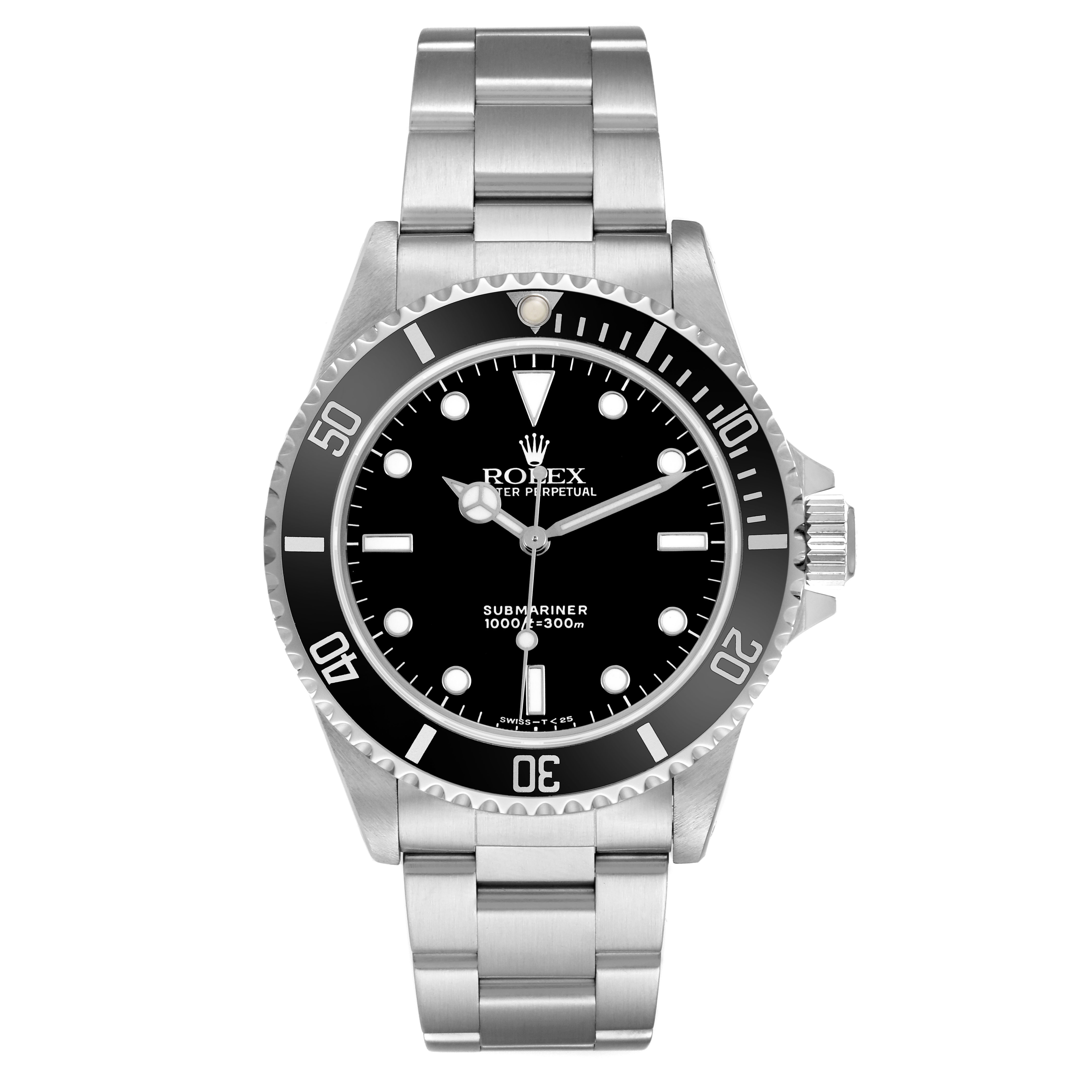 The Rolex Submariner 14060 Men's Stainless Steel Black Dial is shown from a front view, displaying its face, bezel, and bracelet.