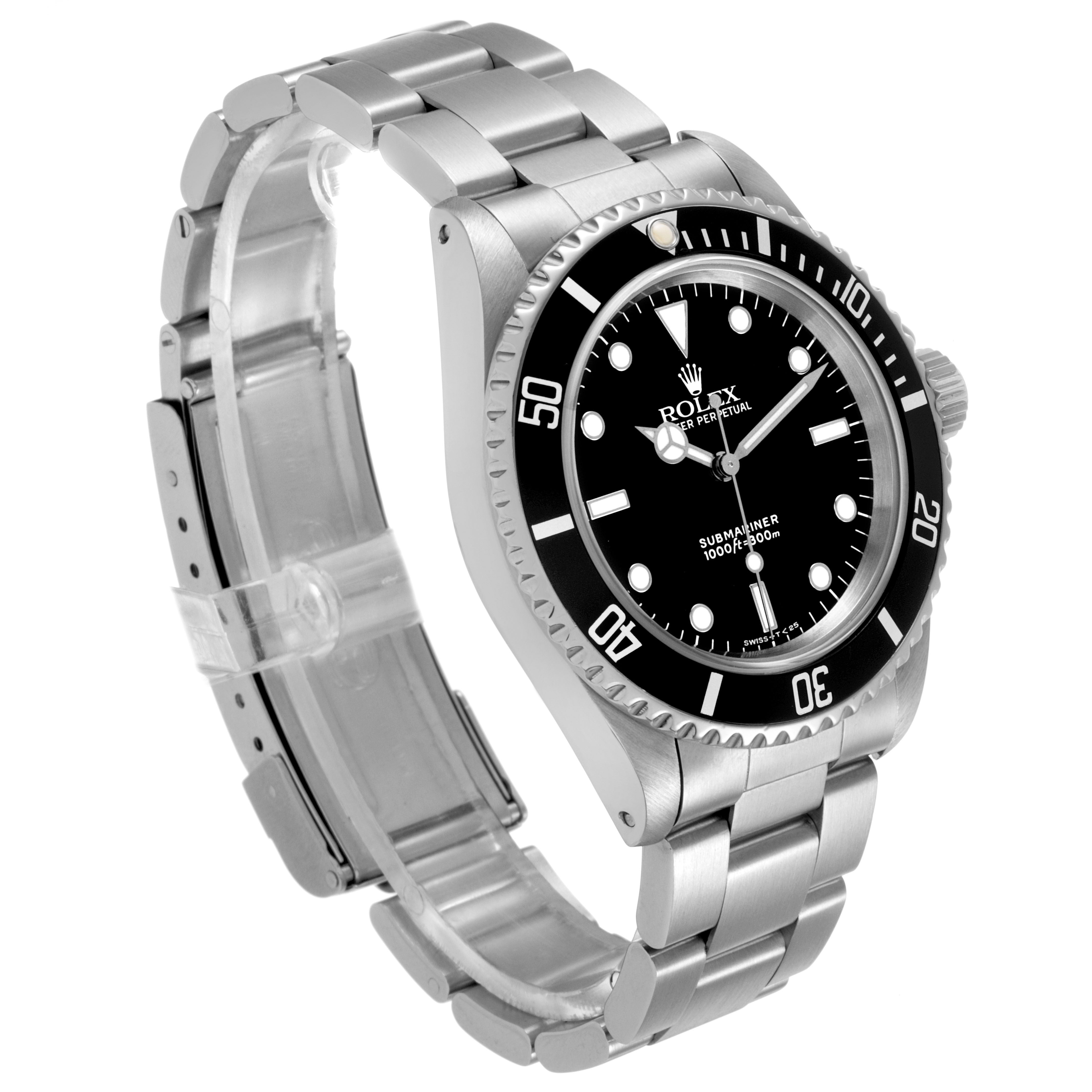 The image shows a Rolex Submariner 14060 Men's Stainless Steel Black Dial watch at a three-quarter angle, highlighting the dial, bezel, bracelet, and crown.