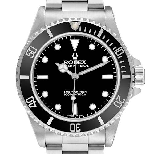 The Rolex Submariner 14060 Men's Stainless Steel Black Dial watch is shown from the front, displaying its dial, bezel, crown, and part of the metal bracelet.