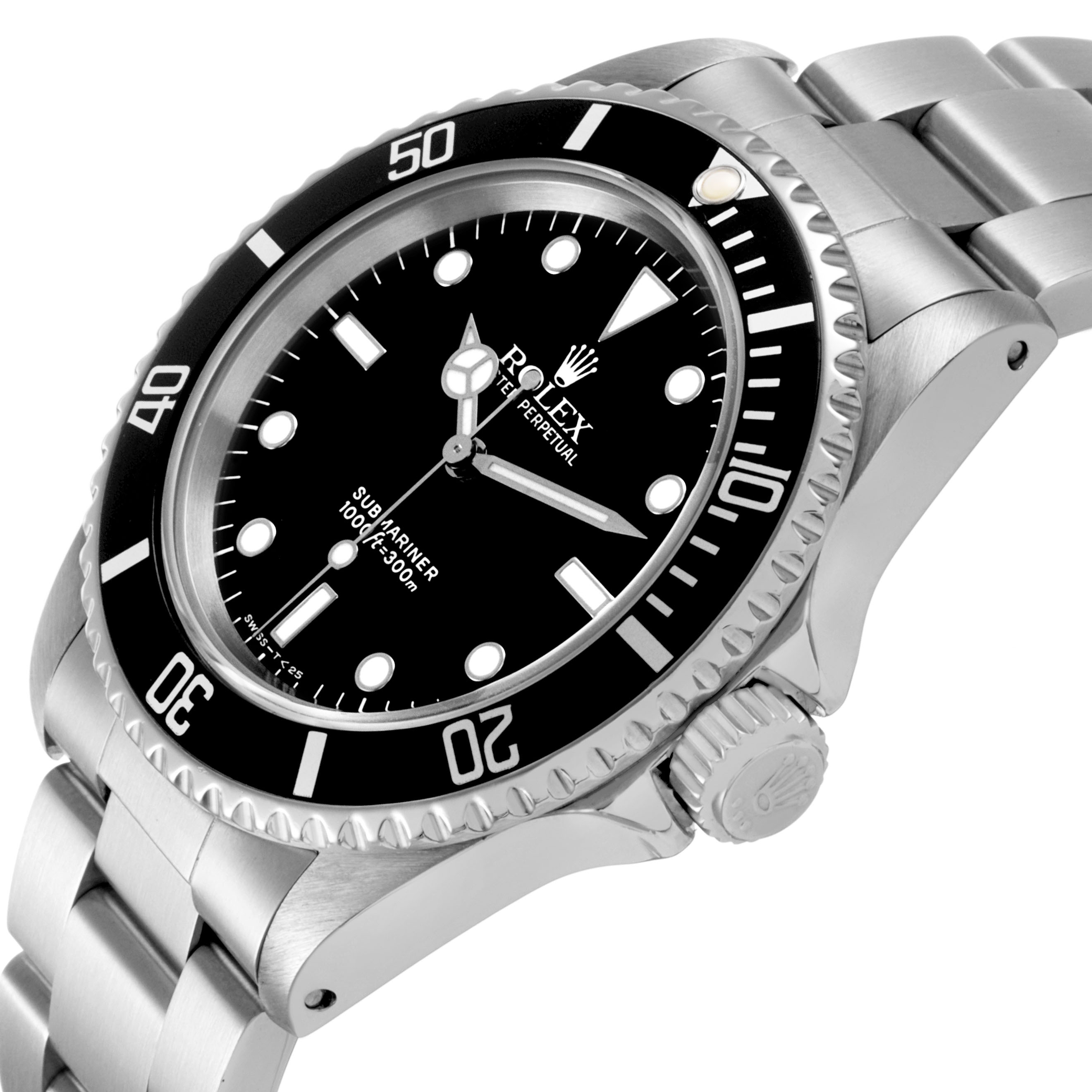 The Rolex Submariner 14060 Men's Stainless Steel Black Dial watch is shown at a slight angle, highlighting the bezel, dial, and part of the bracelet.