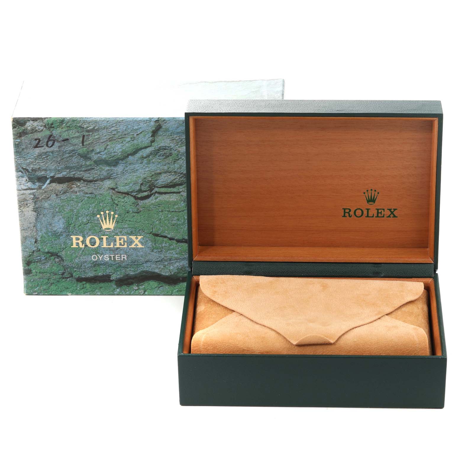 The image shows the packaging and storage box for a Rolex Submariner 14060 Men
s Stainless Steel Black Dial 14060 Men
s Stainless Steel Black Dial model; the box is open, revealing a tan suede pouch inside.