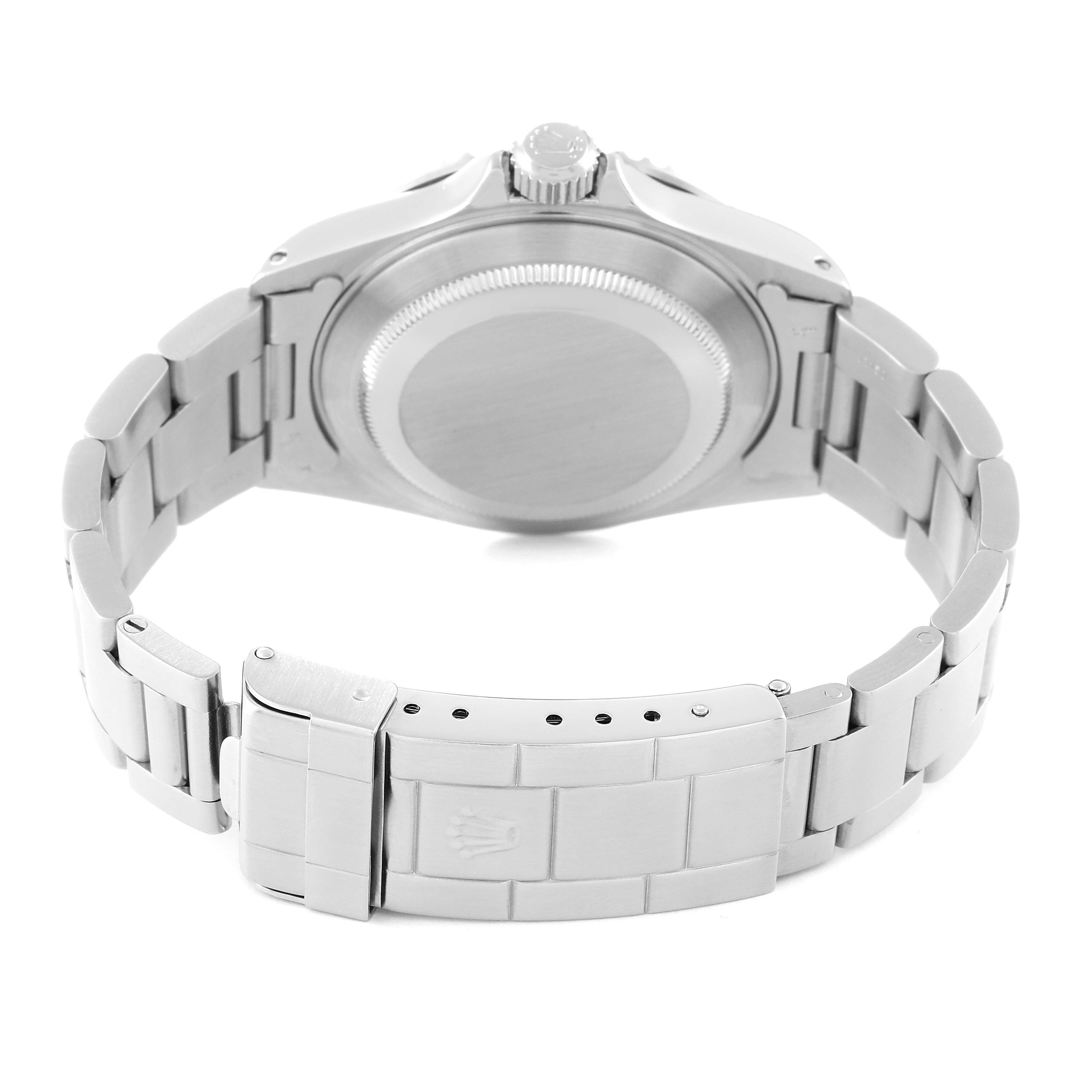 This image shows the back of the Rolex Submariner 14060 Men
s Stainless Steel Black Dial 14060 Men
s Stainless Steel Black Dial watch, highlighting its bracelet, clasp, and caseback.