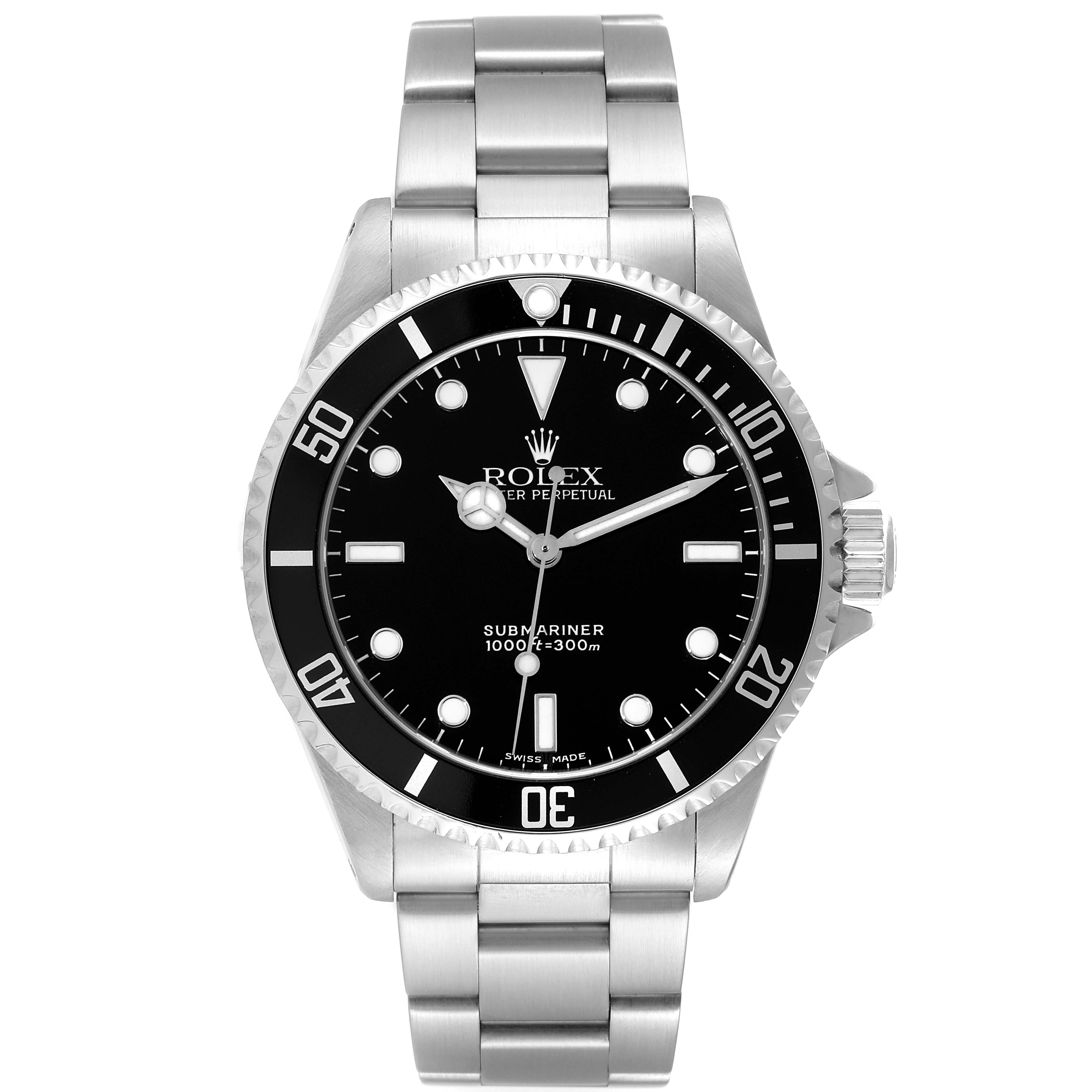 The image shows a front view of a Rolex Submariner 14060 Men
s Stainless Steel Black Dial 14060 Men
s Stainless Steel Black Dial watch featuring its dial, bezel, and bracelet.