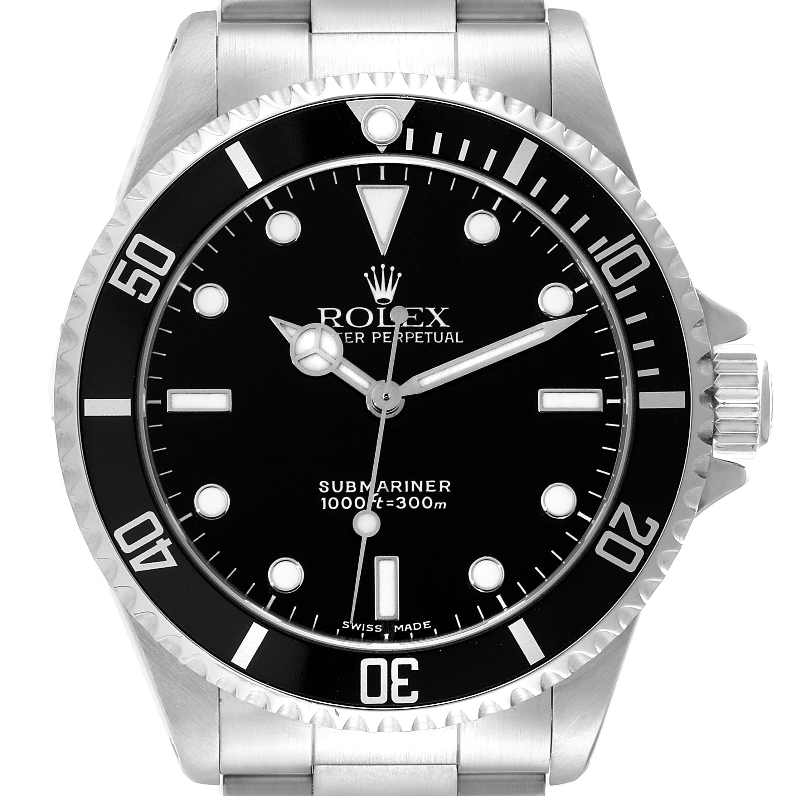 This image shows a front view of the Rolex Submariner 14060 Men
s Stainless Steel Black Dial 14060 Men
s Stainless Steel Black Dial watch, displaying the face, bezel, and part of the bracelet.