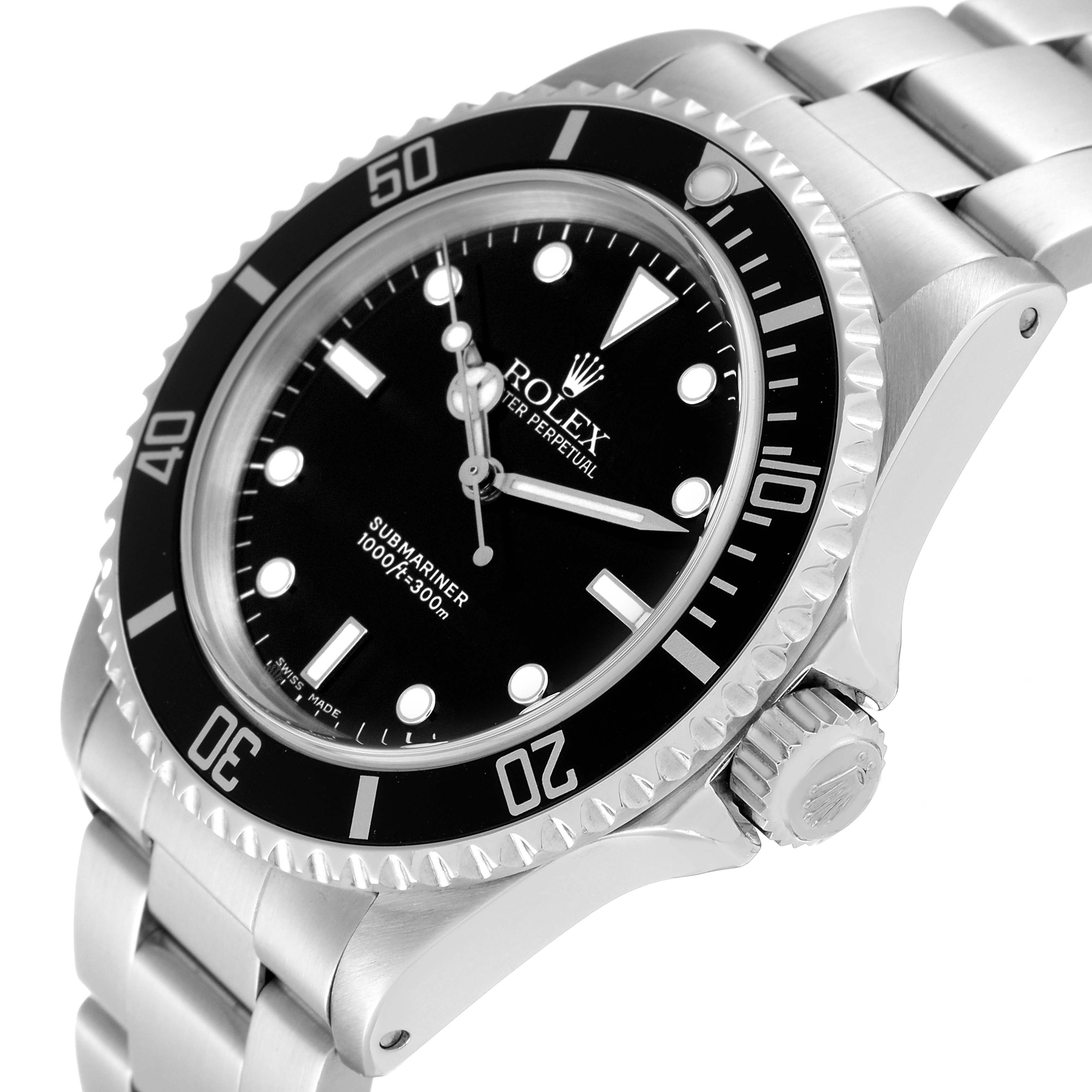 The image shows a close-up angled view of a Rolex Submariner 14060 Men
s Stainless Steel Black Dial 14060 Men
s Stainless Steel Black Dial watch, highlighting its dial, bezel, crown, and part of the bracelet.