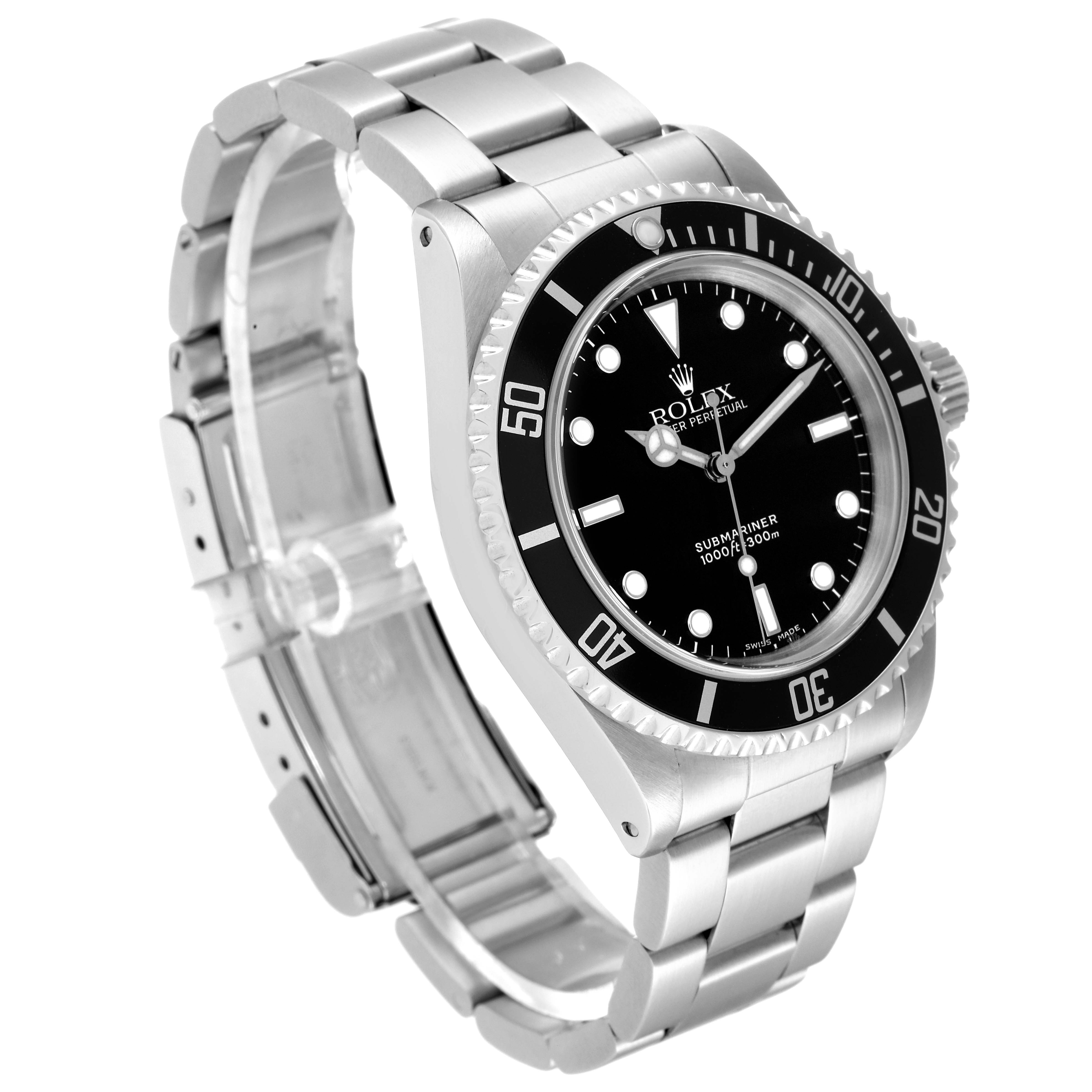 The image shows a Rolex Submariner 14060 Men
s Stainless Steel Black Dial 14060 Men
s Stainless Steel Black Dial watch at a slight side angle, highlighting the dial, bezel, and bracelet.
