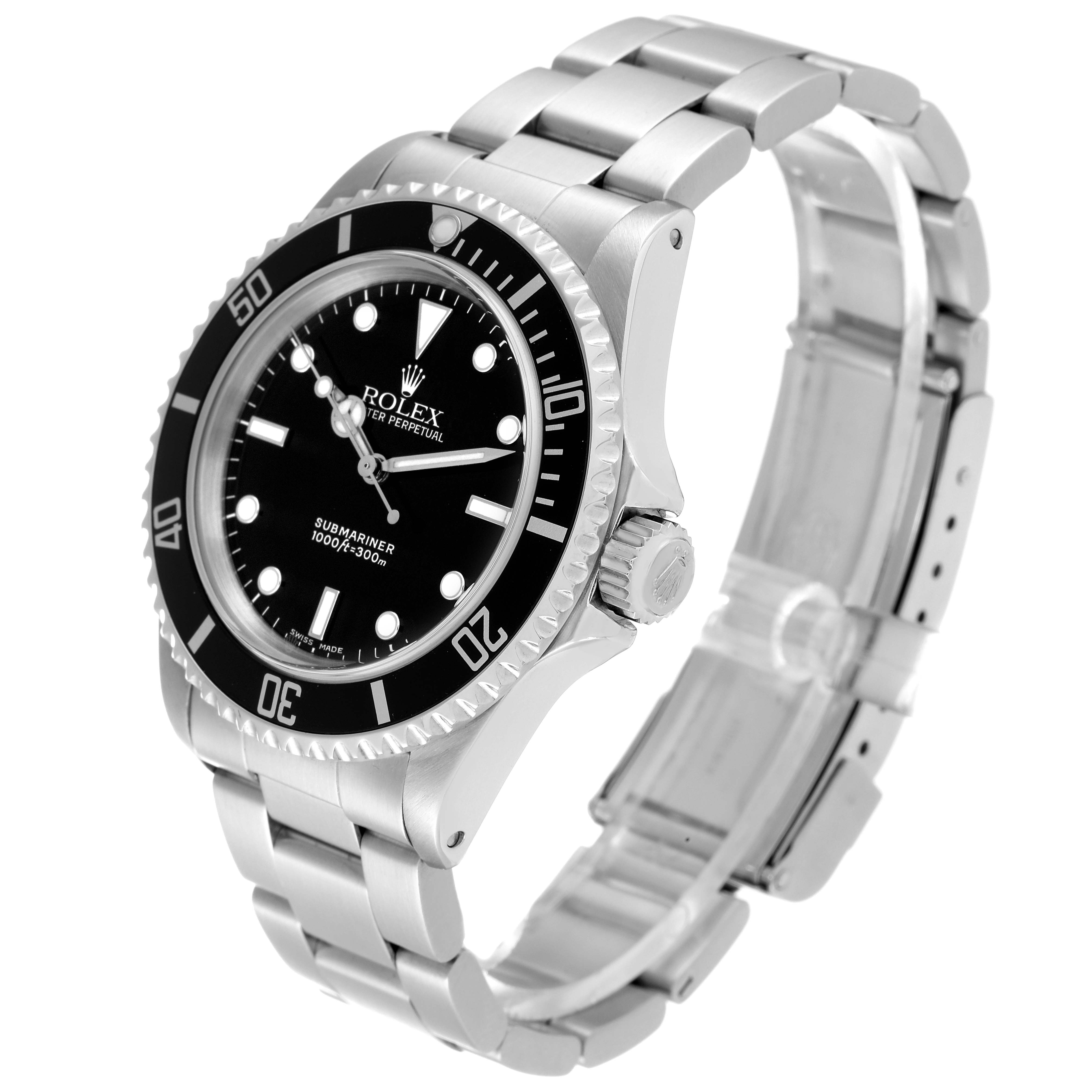 The Rolex Submariner 14060 Men
s Stainless Steel Black Dial 14060 Men
s Stainless Steel Black Dial watch is shown at an angle displaying the face, bezel, crown, and bracelet.